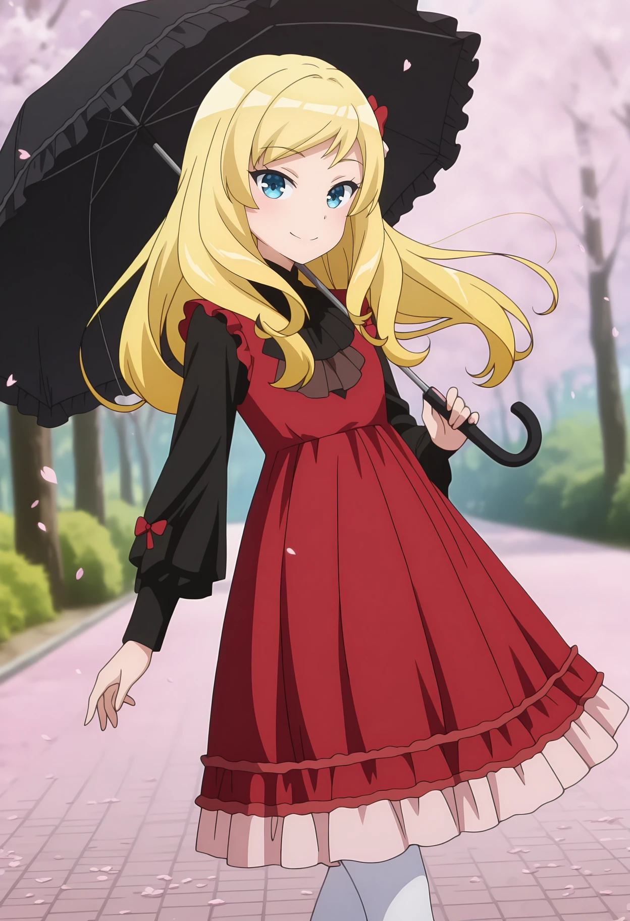 anime screencap, masterpiece, best quality,
<lora:ImoutoSaeIrebaIi_AshleyOono_IlluXL:0.9>,
1girl, solo, closed mouth, smile, floating hair,
swept bangs, long hair, blonde hair, blue eyes, hair ornament, hair bow, red bow,
pinafore dress, frilled dress, red dress, black shirt, puffy long sleeves, white pantyhose,
umbrella over shoulder, frilled umbrella, black umbrella,
walking, looking at viewer, cowboy shot,
forest, spring \(season\), cherry blossoms, nature, falling leaves, wind, photo background, blurry background