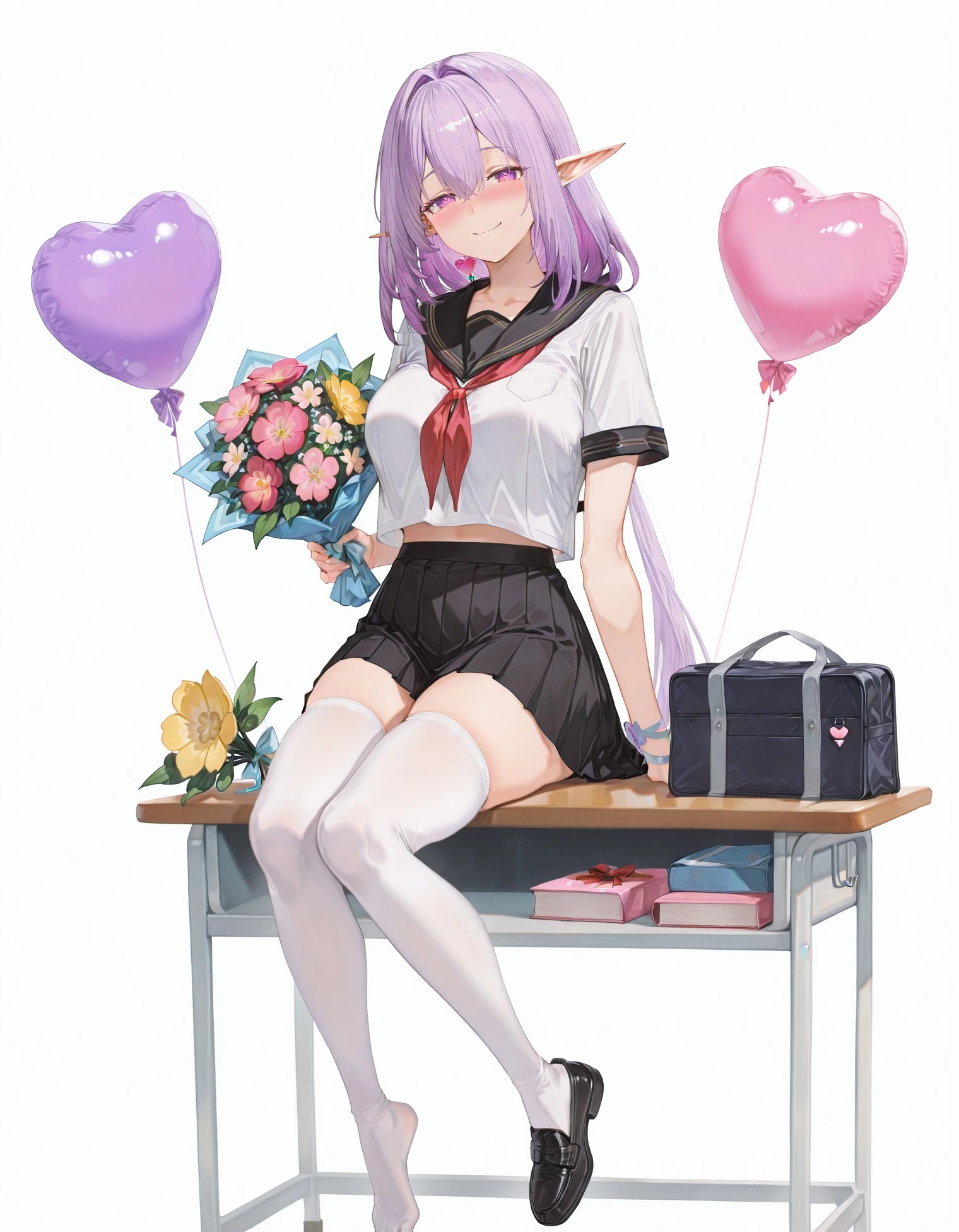 masterpiece, best quality, very aesthetic, absurdres, [detailed face], [detailed eyes], Cas1or9ce, 1girl, solo, long hair, , looking at viewer, blush, smile, bangs, skirt, simple background, shirt, thighhighs, white background, ribbon, holding, hair between eyes, , sitting, very long hair, closed mouth, school uniform, purple eyes, full body, white shirt, purple hair, flower, short sleeves, heart, thighs, pleated skirt, shoes, serafuku, pointy ears, miniskirt, black skirt, sailor collar, bag, black footwear, feet, white thighhighs, zettai ryouiki, neckerchief, , no shoes, elf, loafers, red neckerchief, desk, black sailor collar, school bag, bouquet, balloon, shoes removed, on desk, heart balloon, ayr1su_sty, <lora:1941ab7c-ce12-4e93-ab29-b2c2f8dbb61b:0.9>, <lora:40b8574a-30c2-4d21-afdb-e92fb6ed0614:0.8>