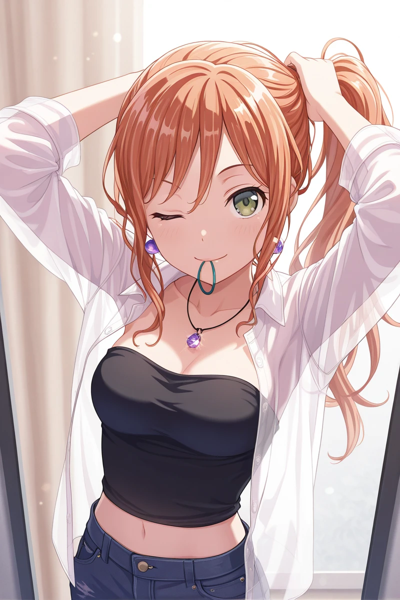 masterpiece, best quality, amazing quality,
 <lora:Lisa_IL:1> lisa_imai, 1girl, one eye closed, solo, shirt, mouth hold, wink, jewelry, side ponytail, midriff, long hair, orange hair, hair tie in mouth, black top, breasts, see-through, navel, smile, strapless, green eyes, necklace, upper body, white shirt, open shirt, open clothes, arms up, looking at viewer, tying hair, denim pants
