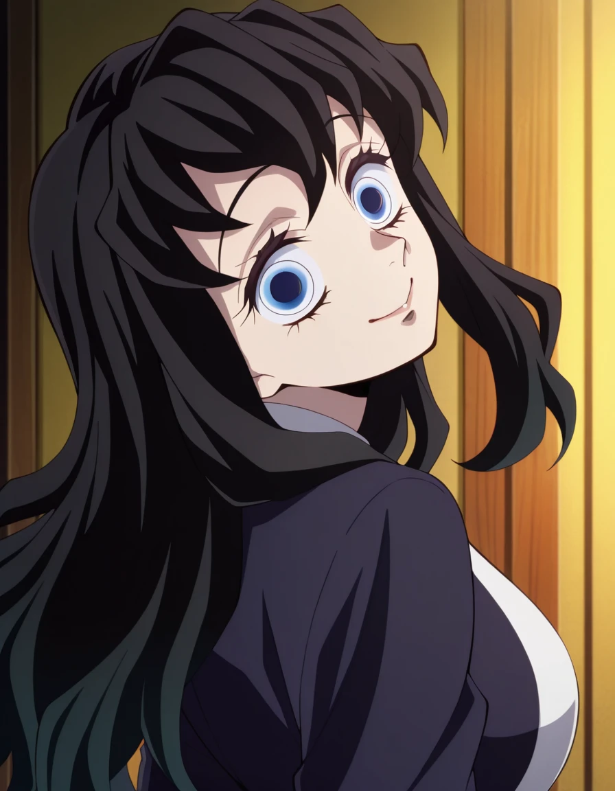 masterpiece, best quality, amazing quality,, <lora:kny-suma-s2-illustriousxl-lora-nochekaiser:1>, suma, suma (kimetsu no yaiba), blue eyes, black hair, long hair, mature female, breasts, anime screencap, <lora:shaft-look-illustriousxl-lora-nochekaiser:1>, shaft look, looking back, from behind, head tilt, upper body, smile,, , ,