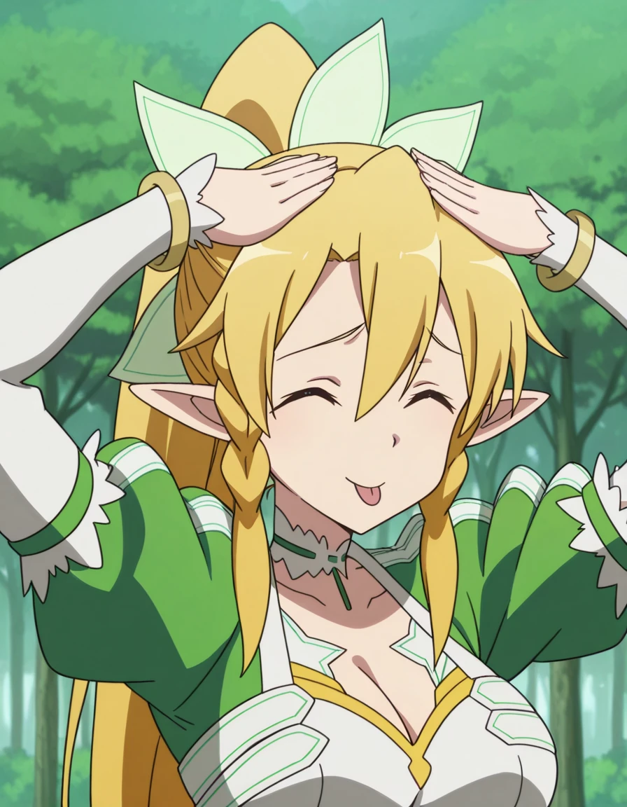 masterpiece, best quality, amazing quality,, <lora:suguha-kirigaya-s1-illustriousxl-lora-nochekaiser:1>, suguha kirigaya, leafa (sao), long hair, blonde hair, hair between eyes, green eyes, ponytail, braid, pointy ears, twin braids, mature female, breasts, anime screencap, <lora:ah-eto-bleh-illustriousxl-lora-nochekaiser:1>, ah eto bleh, ah eto... bleh (meme), hands on own head, meme, arms on head, tongue out, closed eyes,, , ,