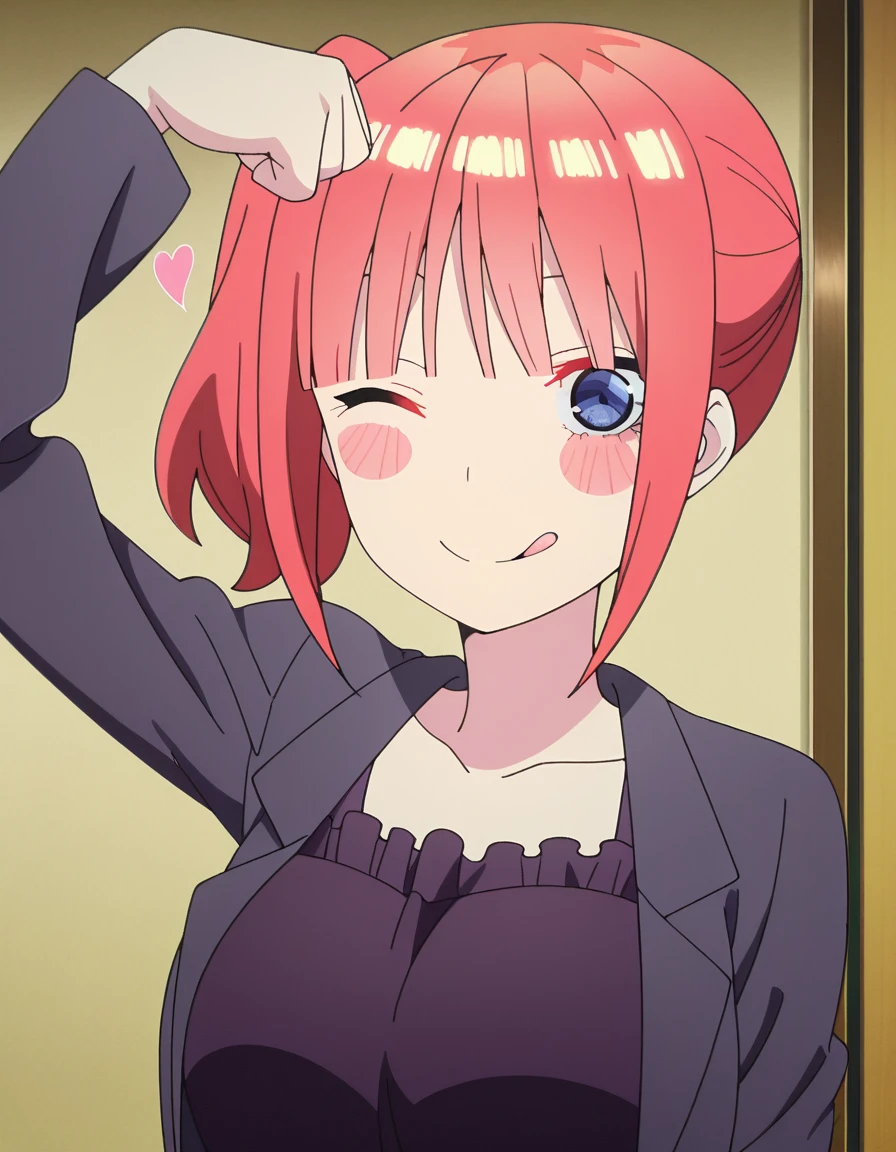 masterpiece, best quality, amazing quality,, <lora:nino-nakano-honeymoon-illustriousxl-lora-nochekaiser:1>, nino nakano, short hair, bangs, blue eyes, pink hair, blunt bangs, side ponytail, mature female, breasts, anime screencap, <lora:dojikko-pose-illustriousxl-lora-nochekaiser:1>, dojikko pose, blush, heart, blush stickers, smile, tongue out, arm up, looking at viewer, one eye closed, , ,