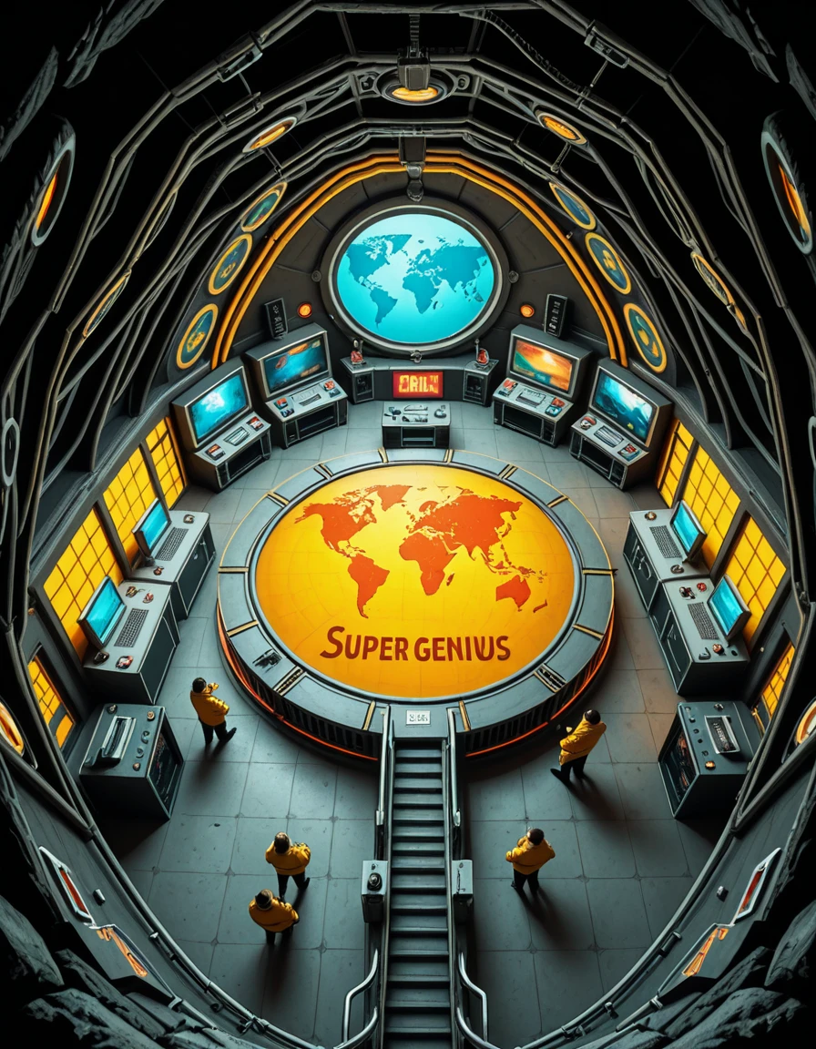 A high-angle view of a supervillain's underground lair carved into a volcanic island, inspired by the Evil Genius video game. The scene shows interconnected rooms with retro-futuristic decor: gold-trimmed control rooms filled with blinking monitors, training rooms with colorful equipment, prison cells with force fields, and luxurious private quarters featuring 1960s spy-movie aesthetics. Minions in yellow jumpsuits patrol the corridors, and a massive world domination map glows at the center of the operations hub. Lava tubes, reinforced blast doors, and hidden elevators are integrated into the design. The mood is colorful, stylized, and slightly humorous, reflecting the exaggerated comic-book villain style.Evil genius l41r, <lora:Evil_genius_l41r-i:1>, Masterpiece,best quality,hi res,8k,hi res,8k,award winning,(sharp focus, intricate, highly detailed),