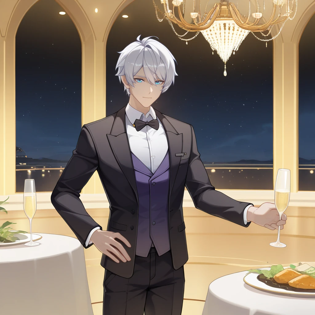 masterpiece, best quality, ultra-detailed, very aesthetic, detailed background, year 2023, very aesthetic, newest, scenery, highres, 4k, absurdres, 8k, colorful,vibrant, glowing, perfect face, 2d, perfect eyes, detailed eyes, 1boy, male focus, solo, banquet hall, luxurious interior, long table, food on table, chandelier, indoors, standing, hand on hip, holding champagne glass, gentle smile, looking at viewer, cowboy shot, detailed background, night, night sky, night time, starry sky,
short hair, white hair, blue eyes, KevinHi3, Kvn_Frm, purple vest, vest, suit, suit jacket, black jacket, tuxedo, dress shirt, alternative white shirt, black bowtie, long sleeves, alt black sleeves, dress pants, waistcoat,
masterpiece, best quality, ultra-detailed, very aesthetic, newest, scenery, absurdres, perfect anatomy, perfect legs, perfect face, perfect eyes, clear eyes, beautiful eyes, perfect feet,