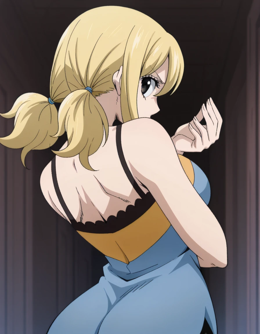masterpiece, best quality, amazing quality,, <lora:lucy-heartfilia-s1s3s7-illustriousxl-lora-nochekaiser:1>, lucy heartfilia, twintails, low-tied twintails, long hair, blonde hair, brown eyes, mature female, breasts, anime screencap, <lora:dio-brandos-pose-illustriousxl-lora-nochekaiser:1>, dio brandos pose, dio brando's pose (jojo), back, ass, from behind, jojo pose, standing, upper body, , ,