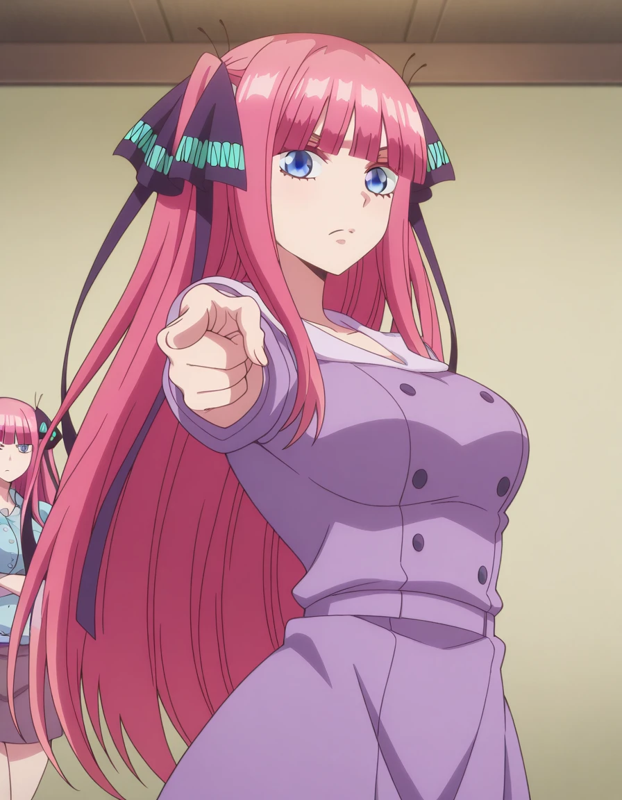 masterpiece, best quality, amazing quality,, <lora:nino-nakano-s1-illustriousxl-lora-nochekaiser:1>, nino nakano, nakano nino, long hair, bangs, blue eyes, hair ornament, hair ribbon, pink hair, blunt bangs, two side up, butterfly hair ornament, mature female, breasts, anime screencap, <lora:jotaro-kujo-pose-illustriousxl-lora-nochekaiser:1>, jotaro kujo pose, kujo jotaro's pose (jojo), jojo pose, pointing, pointing at viewer, cowboy shot, , ,