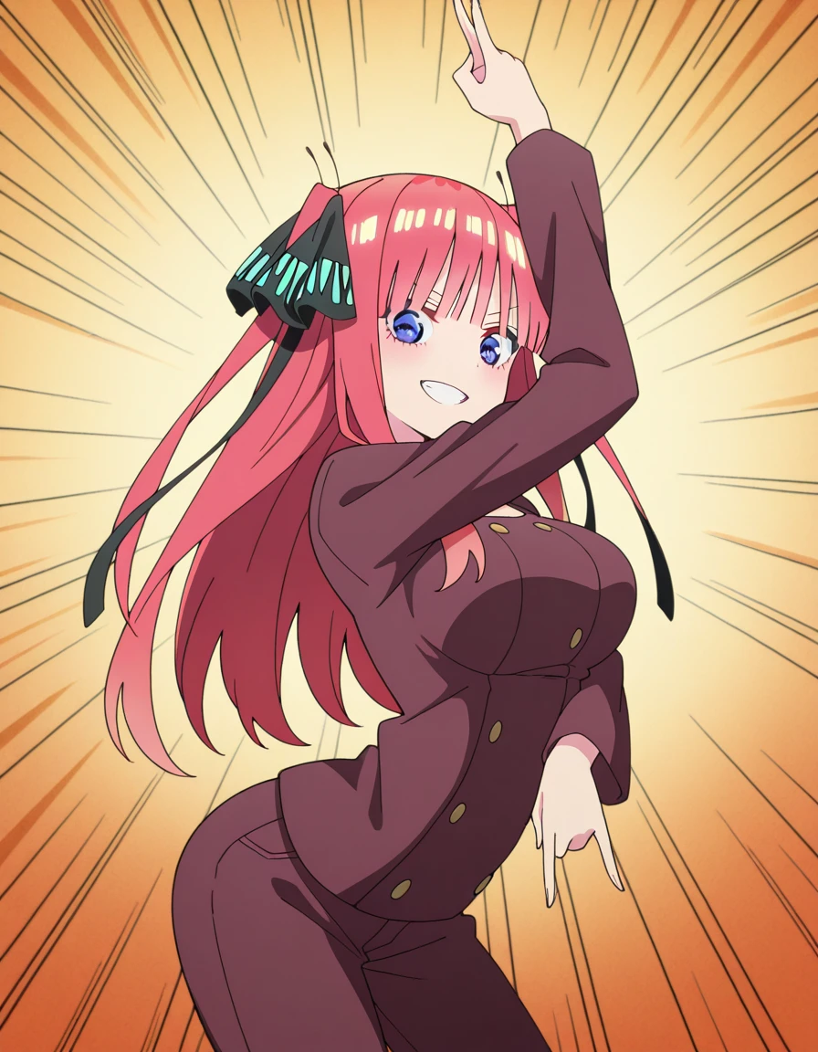 masterpiece, best quality, amazing quality,, <lora:nino-nakano-s2-illustriousxl-lora-nochekaiser:1>, nino nakano, long hair, bangs, blue eyes, hair ornament, hair ribbon, pink hair, blunt bangs, two side up, butterfly hair ornament, large breasts, animes screencap, <lora:killer-queens-pose-illustriousxl-lora-nochekaiser:1>, killer queens pose, killer queens's pose (jojo), jojo pose, arm up, hand up, \n/, double \n/, arm down, hand down, grin, arched back, bent over,  cowboy shot, , ,