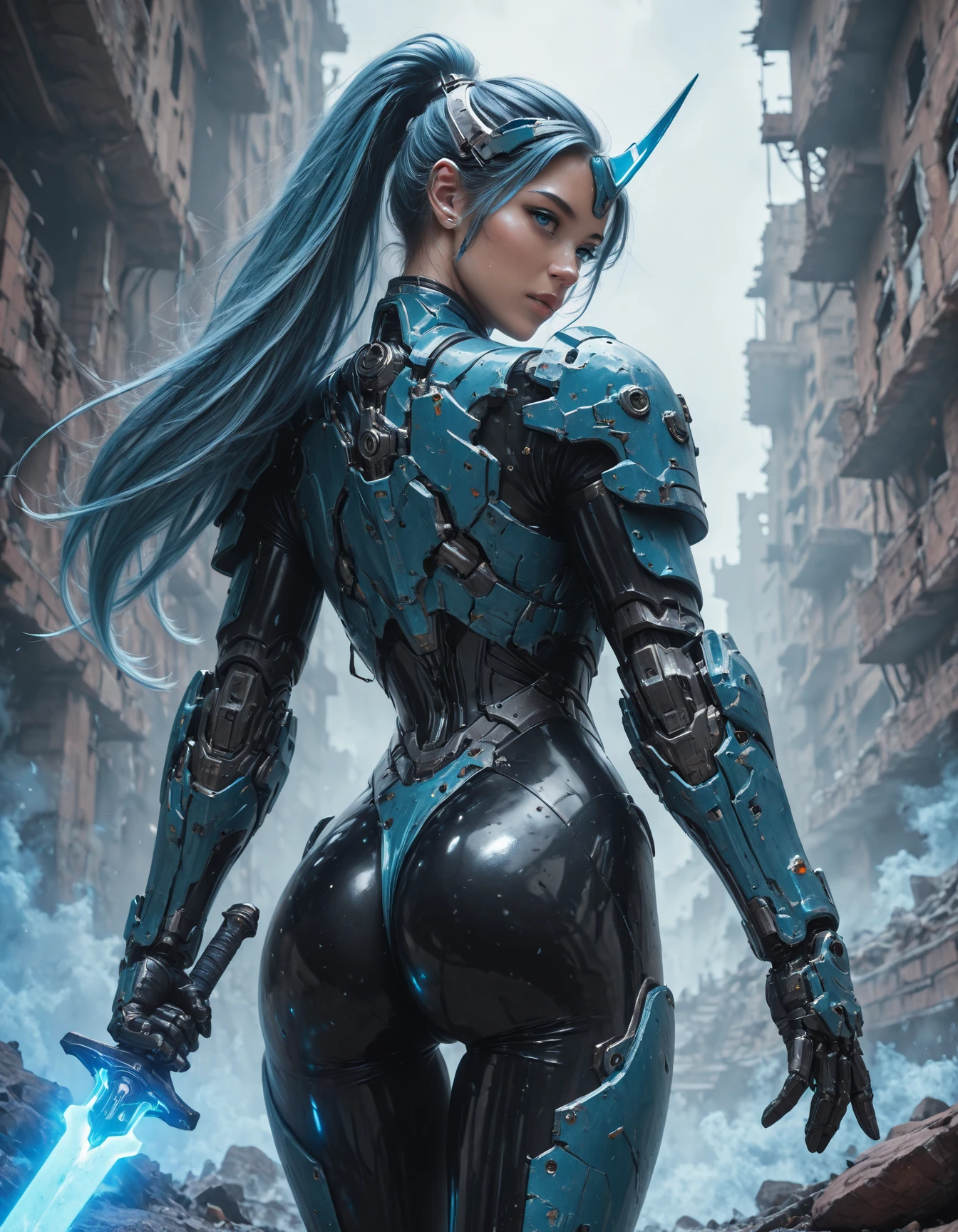 masterpiece, best quality, amazing quality, very aesthetic, high resolution, absurdres, newest, photorealism, realistic,,dynamic close up angle, masterpiece, best quality, amazing quality, very aesthetic, absurdres, newest, realistic, official art,(background is Destroyed castle ruins)1girl, solo, ninja girl, (Mecha musume), blue Armor, headgear, latex bodysuit, cowboy shot, open stance, dynamic pose, facing at viewer, head tilt,from below,from behind, looking back, ass, holding a glowing glowing sword <lora:HKStyleILV2:0.85> hkstyle <lora:MechaKnightsIL:0.85> hkmecha