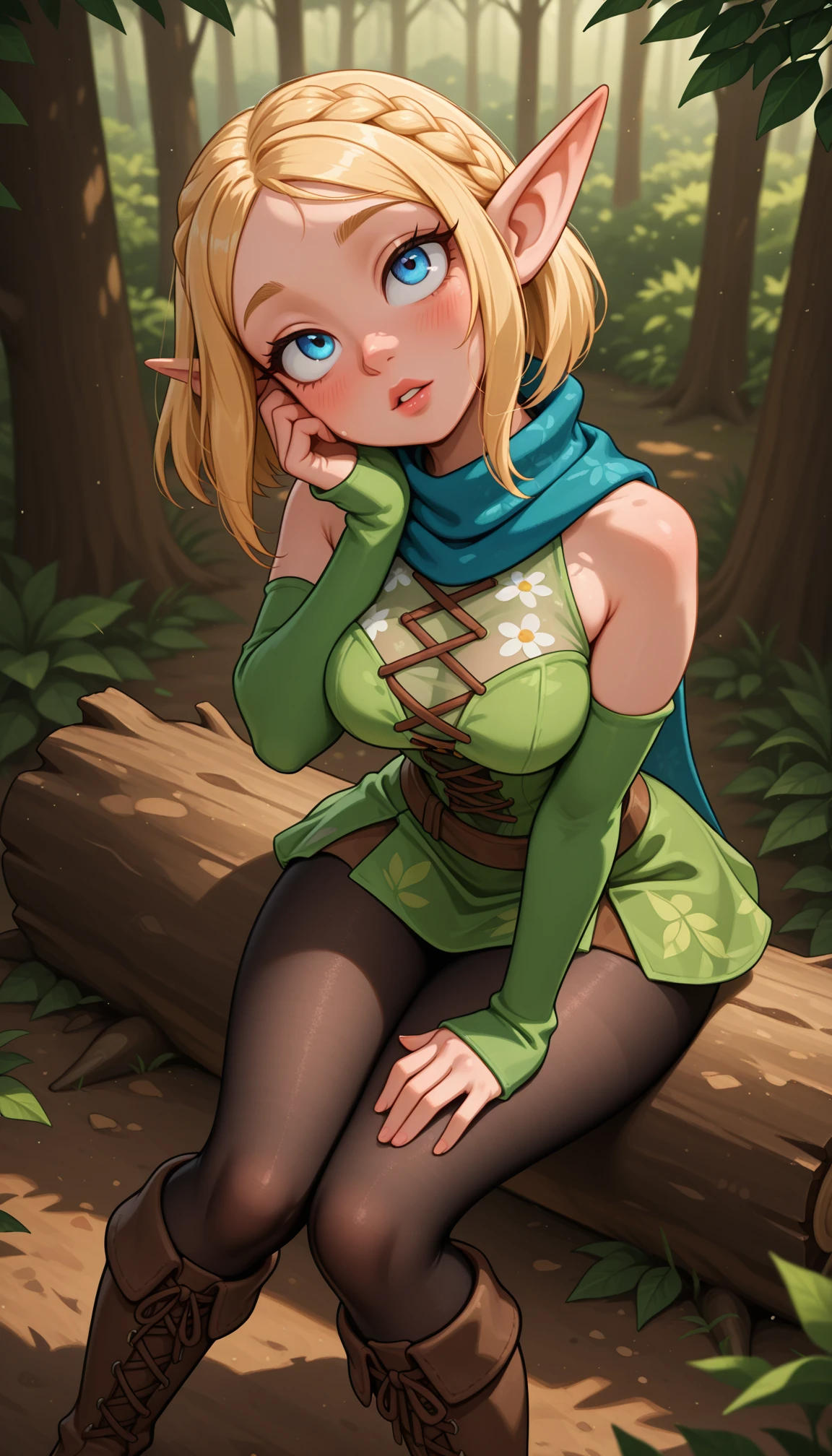masterpiece, best quality, amazing quality, 4k, very aesthetic, high resolution, ultra-detailed, absurdres, newest, scenery, cartoon, toon, 1girl, solo, elf girl, long pointy elf ears, pixie, sitting on log, knees together feet apart, medium breasts, narrow waist, large ass, thick thighs, (cross-laced:1.2) pixie green frill lace leotard skirt, leaf print puffy wide detached green sleeves past wrists, shoulders, floral print blue scarf, skindentation see-through black pantyhose, brown lace-up knee boots, forest, blue eyes, from above, looking up, leaning forward, arched back, (head tilt:1.2), upturned eyes, parted lips, wondering, ground, blonde hair, blush, medium bob, long sidelocks, braid, (dappled sunlight:1.2), rim light, hand on own face, hand on own thigh, boots,leaf, dutch angle, portrait, face focus, head focus, close-up, fine fabric emphasis, BREAK, ears, lips, detailed eyes, depth of field, volumetric lighting