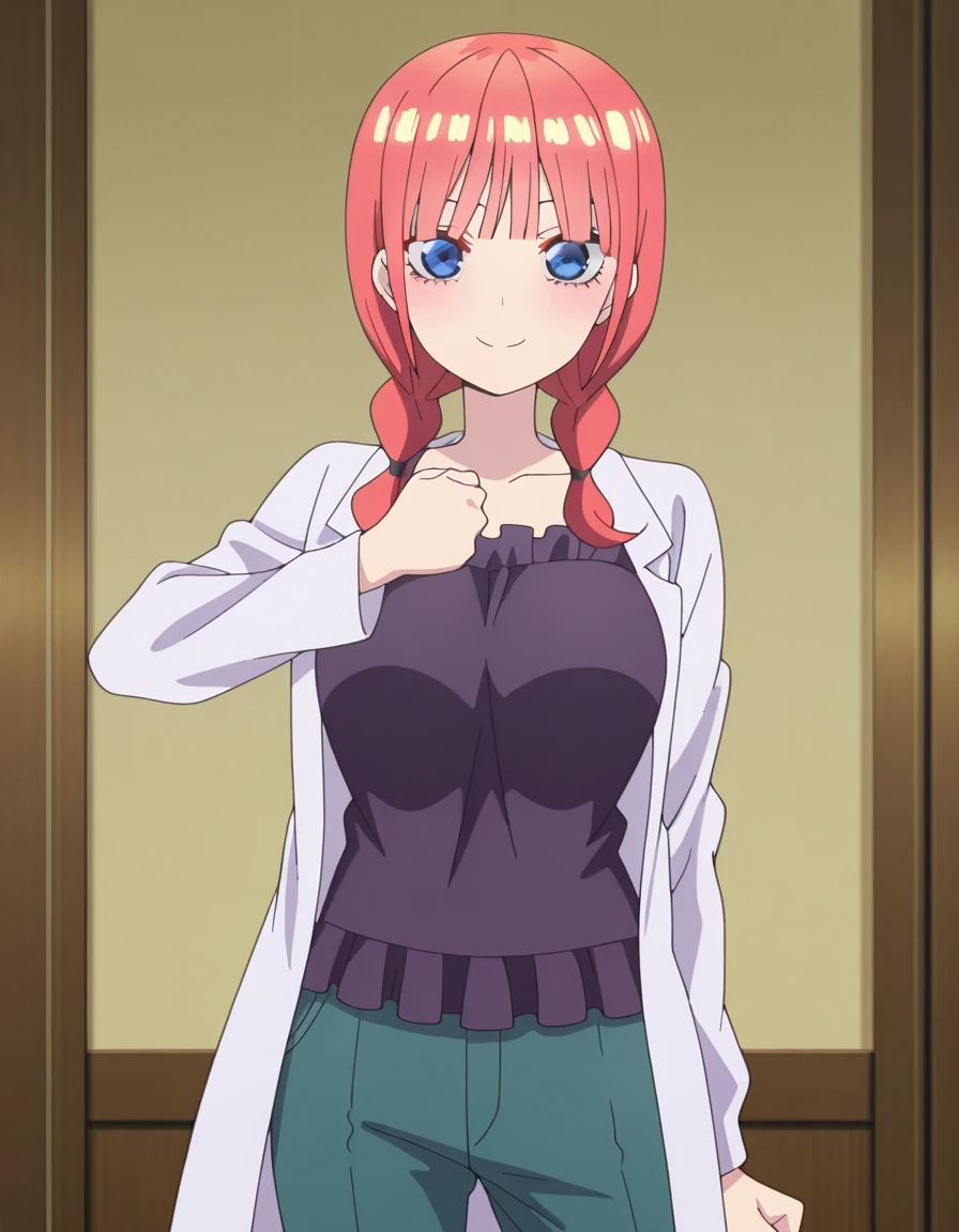 masterpiece, best quality, amazing quality,, <lora:nino-nakano-honeymoon-illustriousxl-lora-nochekaiser:1>, nino nakano, bangs, blue eyes, twintails, pink hair, braid, blunt bangs, twin braids, mature female, breasts, anime screencap, <lora:giorno-giovannas-pose-illustriousxl-lora-nochekaiser:1>, giorno giovannas pose, giorno giovanna's pose (jojo), jojo pose, hand up, clenched hand, hand on waist, smile, looking at viewer, cowboy shot,, , ,