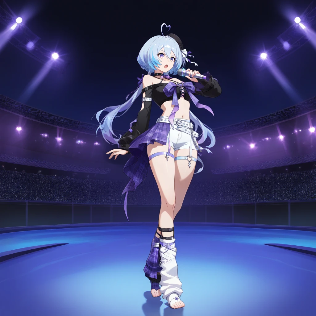 masterpiece, best quality, ultra-detailed, very aesthetic, detailed background, year 2023, very aesthetic, newest, scenery, highres, 4k, absurdres, 8k, colorful,vibrant, glowing, perfect face, 2d, perfect eyes, detailed eyes, 1girl, solo, idol stage, concert hall, neon lights, spotlights, outdoors, stage, musical notes, stadium, walking, watson cross, feet, full body, foreshortening, holding microphone, singing, open mouth, focused, toes,
light blue hair, long hair, low twintails, purple eyes, YugiriStrv, Ygr_Fhr, crop top, black shirt, halterneck, off-shoulder shirt, cross-laced shirt, chest bow, bow ribbon, big bow, black sleeves, sleeve slit, plaid bow, purple bow, long ribbon, purple ribbon, bare shoulders, black gloves, bridal gauntlets, arm cutout, sleeved gloves, clothing cutout, buckle, multiple belts, studded belt, white belt, light blue belt, chain belt, white shorts, cross-laced shorts, cross-laced clothes, half-skirt, plaid skirt, purple skirt, purple thigh strap, arm belt, white ribbon, neck ribbon, black choker, heart ahoge, streaked hair, blue streaks, purple streaks, braid, minihat, black headwear, beret, hair ribbon, plaid ribbon, gradient hair, midriff, navel, mismatched socks, purple socks, white socks, bridal legwear, baggy socks, plaid socks,
masterpiece, best quality, ultra-detailed, very aesthetic, newest, scenery, absurdres, perfect anatomy, perfect legs, perfect face, perfect eyes, clear eyes, beautiful eyes, perfect feet,