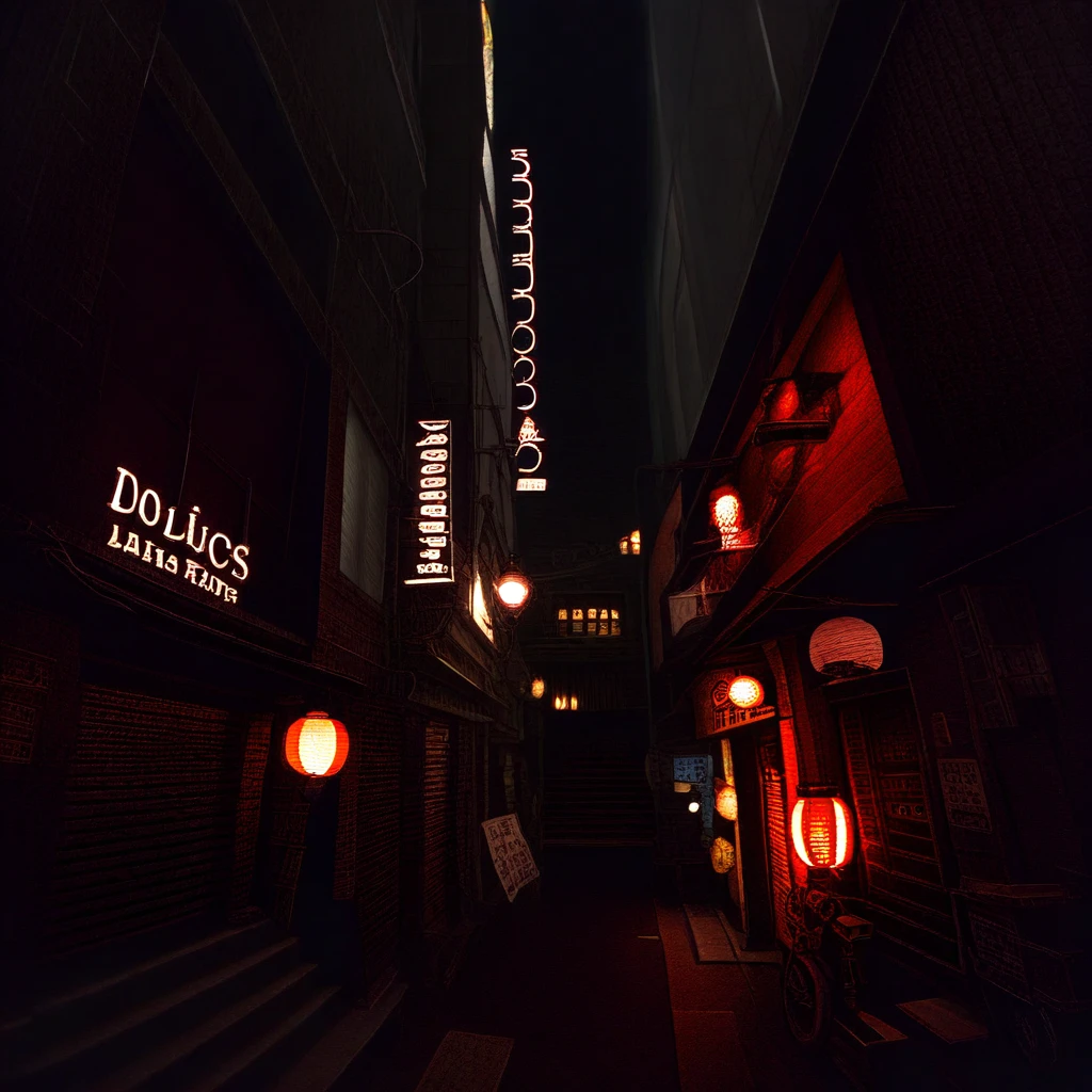 stairs, walking, outdoors, solo, lantern, english text, alley, ground vehicle, city, black hair, road