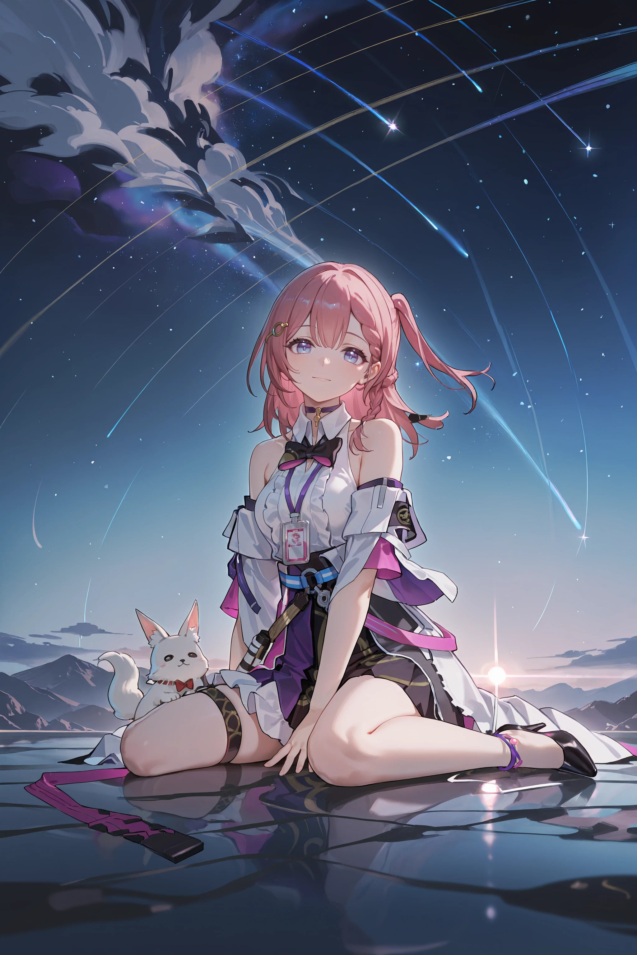 1girl, asta \(honkai: star rail\), detached sleeves, sleeveless shirt, id card, high heels, high-waist skirt, overskirt, anklet, thigh strap, bracelet, hairpin, belt, bowtie, choker, looking at viewer, starry sky, shooting star, light smile, full body, sitting, wariza <lora:Char-HonkaiSR-Asta-V3-IL:0.9:hr=0.6>, mimoza \(96mimo414\), rei \(sanbonzakura\), mochi \(circle rin\), (rhasta, yonchan, watao, minaba hideo:0.95)
masterpiece, best quality, amazing quality, very aesthetic, absurdres, newest, (scenery, volumetric lighting), ray tracing, (bloom:1.4), cinematic
