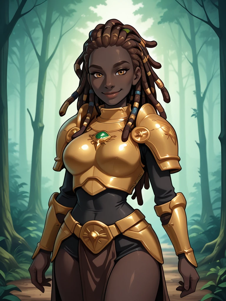 <lora:Harmonious_Jade__Exalted:0.7>
hjade,,very dark skin, long hair, brown hair, dreadlocks,,armor,
standing in a forest
looking at viewer, smiling