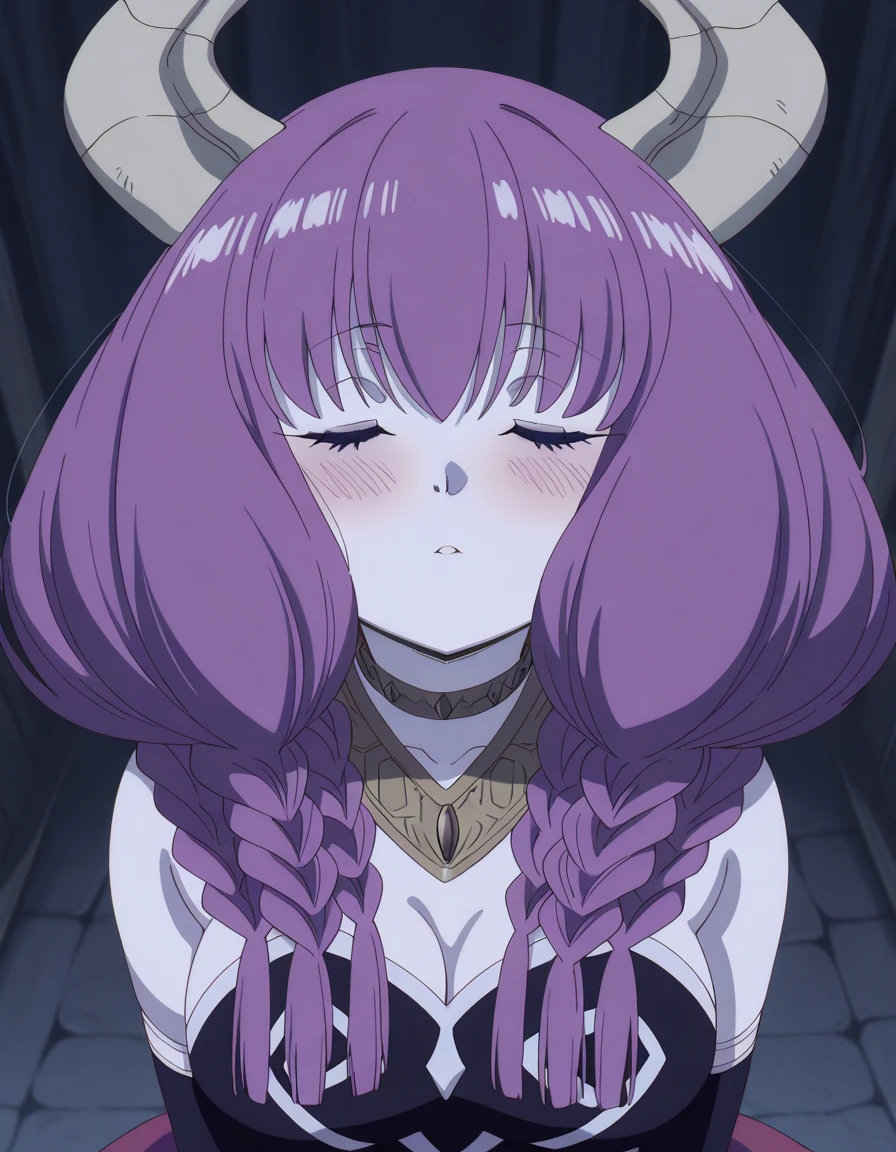masterpiece, best quality, amazing quality,, <lora:aura-the-guillotine-s1-illustriousxl-lora-nochekaiser:1>, aura the guillotine, aura (sousou no frieren), long hair, purple eyes, purple hair, braid, horns, twin braids, mature female, medium breasts, anime screencap, <lora:incoming-kiss-illustriousxl-lora-nochekaiser:1>, incoming kiss, closed eyes, blush, pov, upper body, , ,