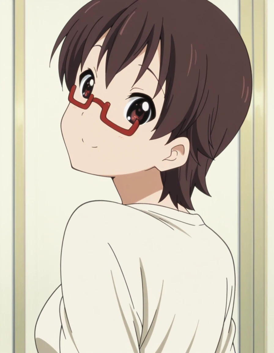 masterpiece, best quality, amazing quality,, <lora:nodoka-manabe-s2-illustriousxl-lora-nochekaiser:1>, nodoka manabe, manabe nodoka, short hair, brown hair, brown eyes, glasses, semi-rimless eyewear, red-framed eyewear, under-rim eyewear, mature female, medium breasts, anime screencap, <lora:shaft-look-illustriousxl-lora-nochekaiser:1>, shaft look, looking back, from behind, head tilt, upper body, smile,, , ,