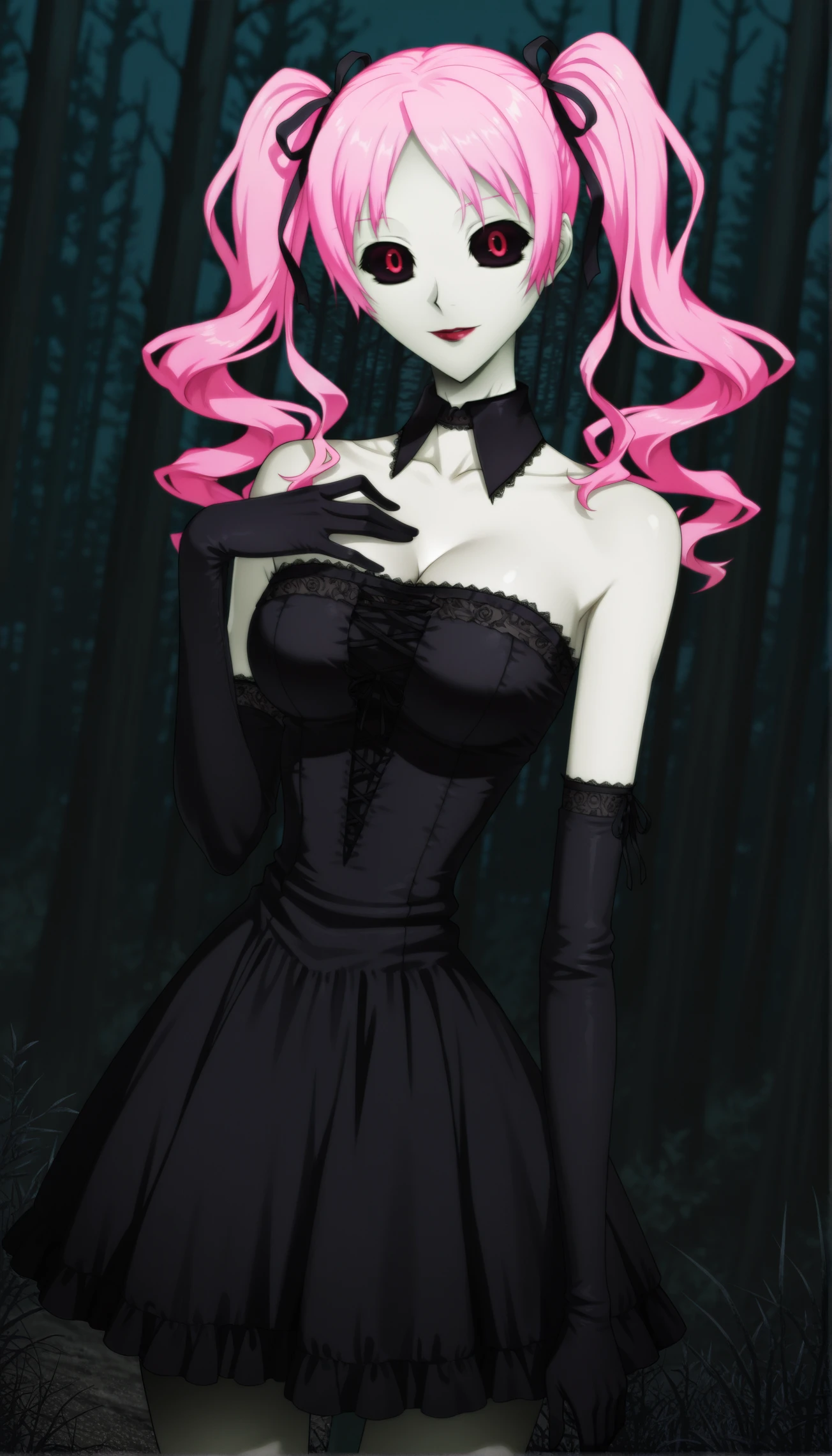 megumi shimizu, 1girl, pink hair, twintails, black dress, dress, gothic, lipstick, red eyes, black sclera, bare shoulders, elbow gloves, black gloves, hand on own chest, cleavage, skinny, hair ribbon, breasts, light smile, looking at viewer, standing, cowboy shot, outdoors, night, forest, nature, dark, horror (theme), blurry background, dynamic angle, masterpiece, best quality, highres, very aesthetic, very awa, newest, intricate details, amazing details