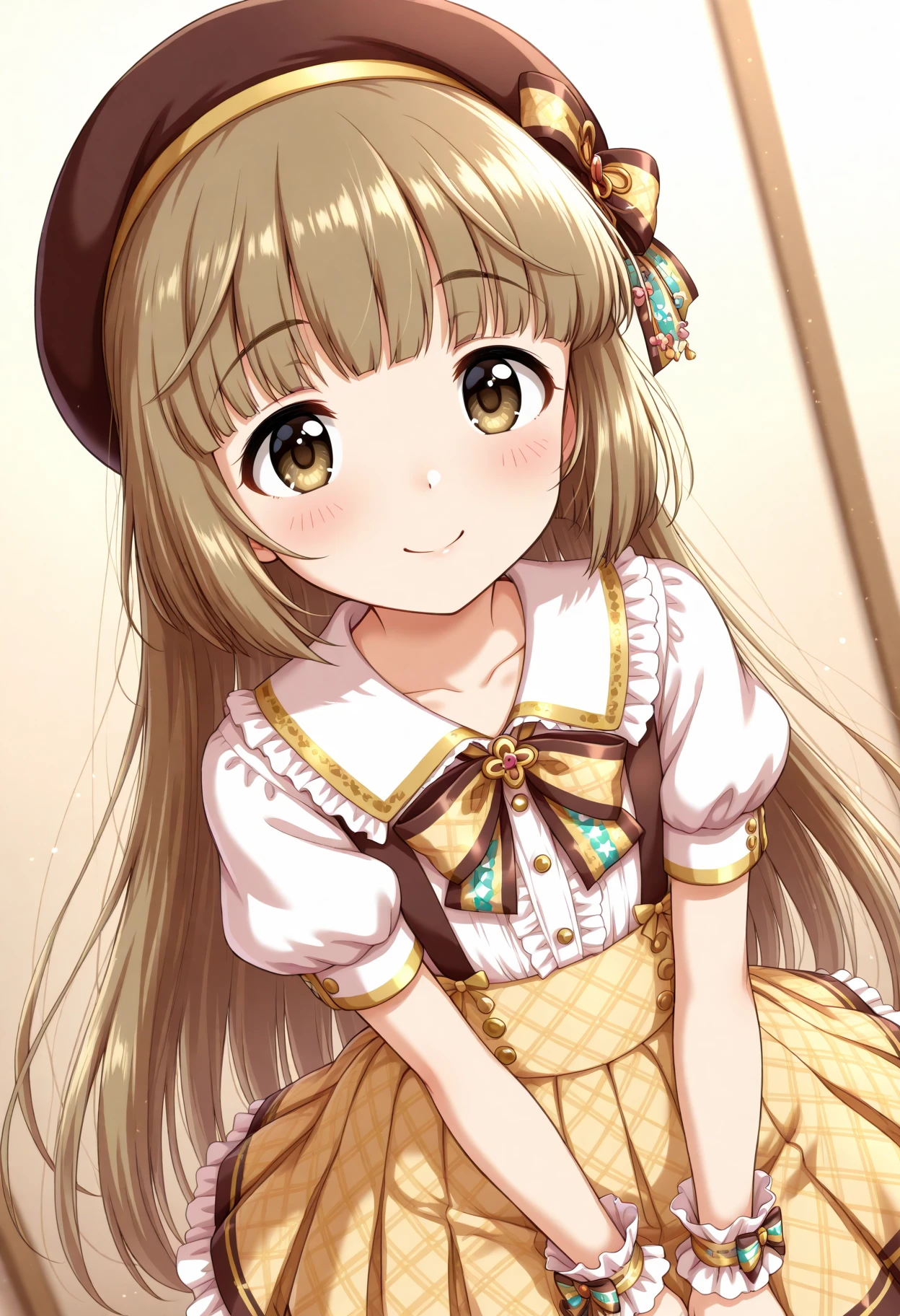masterpiece, best quality, amazing quality, 1girl, solo, makeup, perspective, general, looking at viewer, dynamic angle, upper body, serene smile, <lora:Yorita_Yoshino_Cinderella:1>, Yorita_Yoshino_Cinderella, long hair, brown hair, very long hair, brown eyes, blunt bangs, hair ribbon, thighhighs, collarbone, white shirt, short sleeves, pleated skirt, frills, puffy sleeves, bowtie, collar, puffy short sleeves, wrist cuffs plaid, neck ribbon, buttons, beret, plaid skirt, frilled skirt, hat ribbon, frilled shirt collar, high-waist skirt, brown skirt, multicolored skirt, yellow skirt, brown headwear, center frills, suspender skirt, frilled shirt, checkered clothes, wrist scrunchie, white collar, yellow bowtie, plaid bow, brown bow, orange bowtie, checkered skirt, plaid dress, brown ribbon, plaid bowtie, frilled cuffs, two-tone bowtie, plaid ribbon, collared shirt, <lora:wai-Rectified-s:1>, <lora:prompt_extend:1>