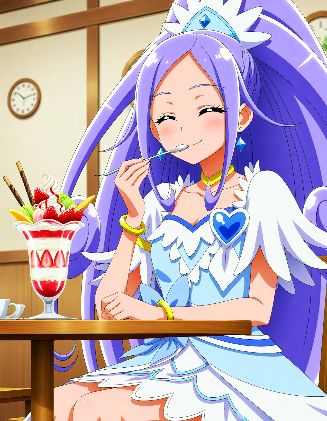 <lora:dmd2_sdxl_4step:1>,official style,masterpiece,best quality,newest,very aesthetic,highly detailed,high resolution,absurdres,highres,depth of field,super detailed skin,very awa,Anime,anime coloring,anime screencap,<lora:cure_diamond_V1:1>,cure diamond,blue hair,high ponytail,long hair,blue eyes,hair ornament,gem,jewelry,earrings,blur ribbon,heart brooch,choker,brooch,bracelet,blue bow,capelet,yellow choker,blue dress,yellow bracelet,white legwear,cafe,sitting,parfait,eating,smile,closed eyes,
