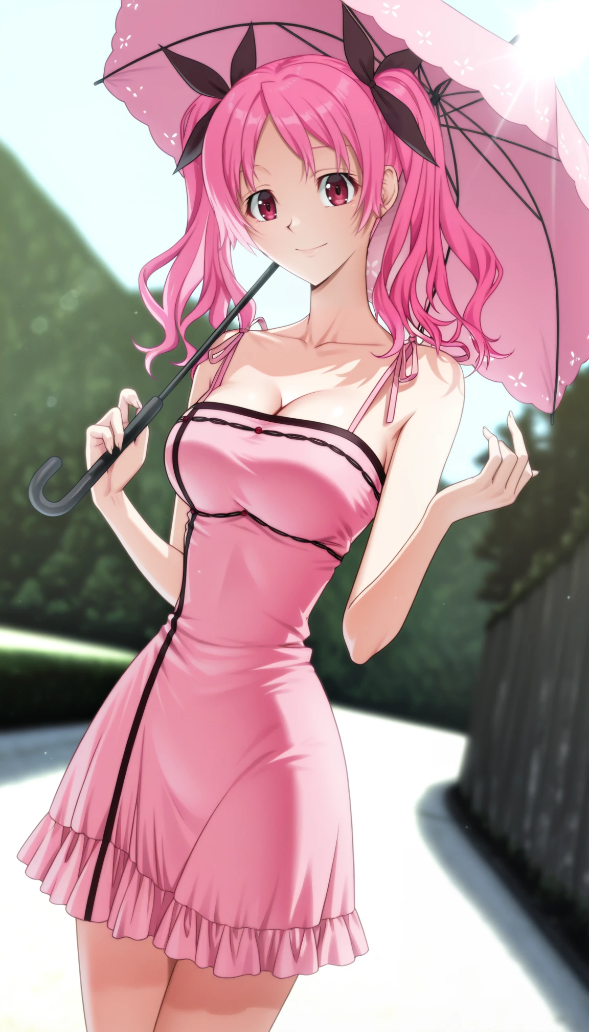 megumi shimizu, 1girl, pink hair, twintails, dress, bare shoulders, hair ribbon, breasts, standing, smile, closed mouth, pink dress, skinny, cleavage, standing, holding umbrella, looking at viewer, hands up, umbrella, holding, outdoors, day, blurry background, sunlight, cowboy shot, dynamic angle, masterpiece, best quality, highres, very aesthetic, very awa, newest, intricate details, amazing details