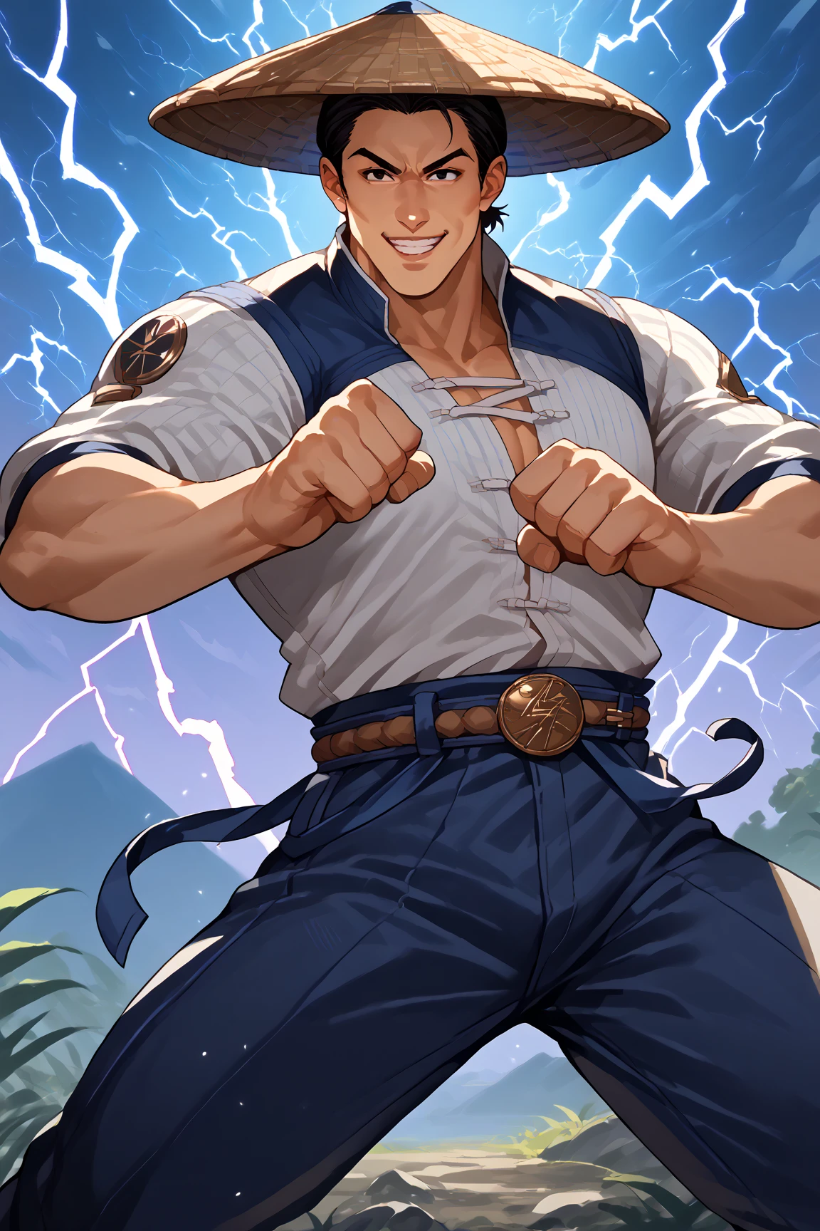 score_9, score_8_up, score_7_up, score_6_up, source_anime, solo, 1boy, raidenmk1, hat, black hair, black eyes, outdoors, shirt, belt, pants, smile, lightning, fighting stance, <lora:Raiden-10:1>
