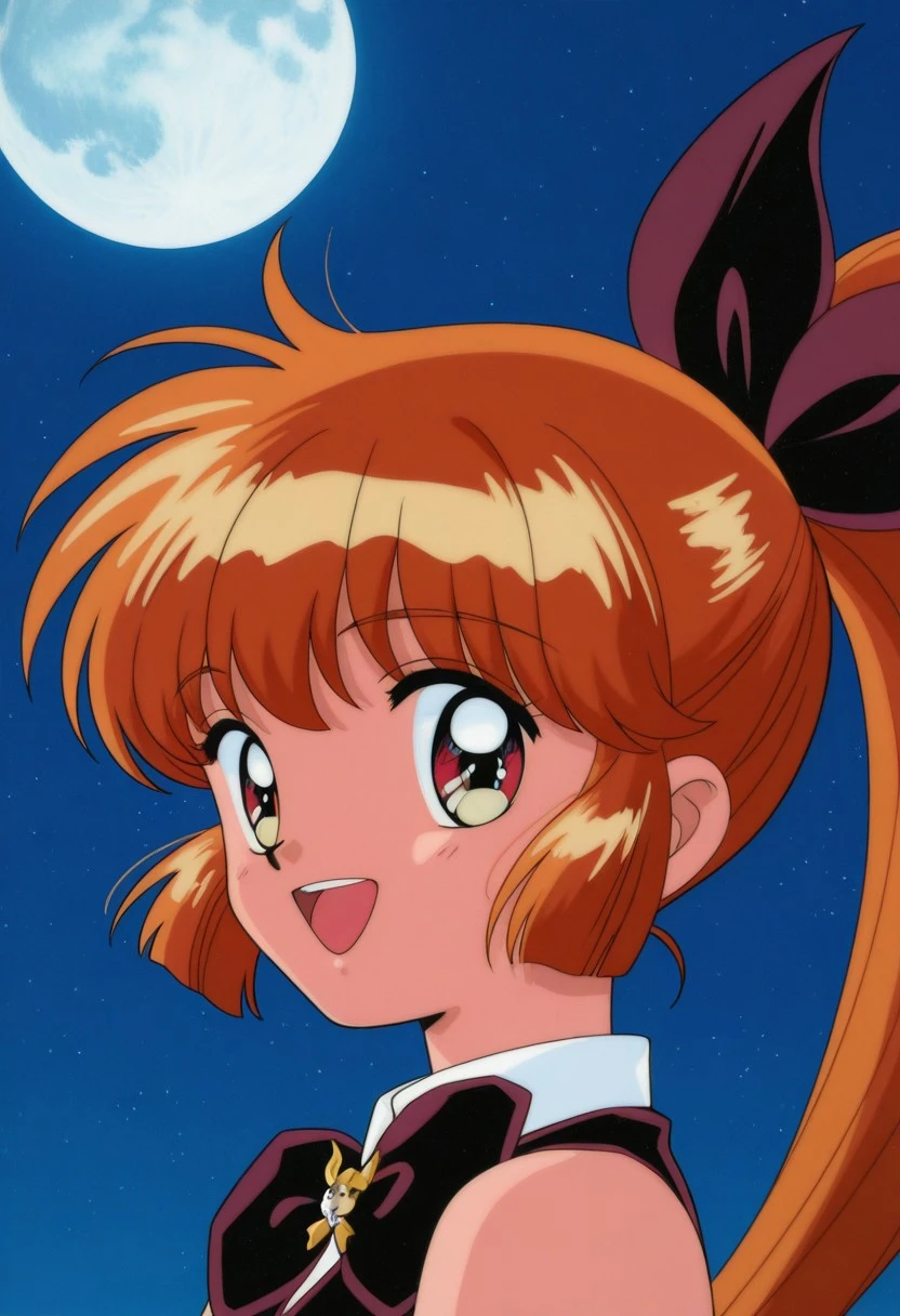 masterpiece, best quality, source_anime,official art,perfect_anatomy,1990s_\(style\),retro_artstyle,saint tail,1girl,long hair,orange hair,ponytail,(looking_at_viewer,smile,open mouth),profile,portrait,close to viewer,night,full-moon