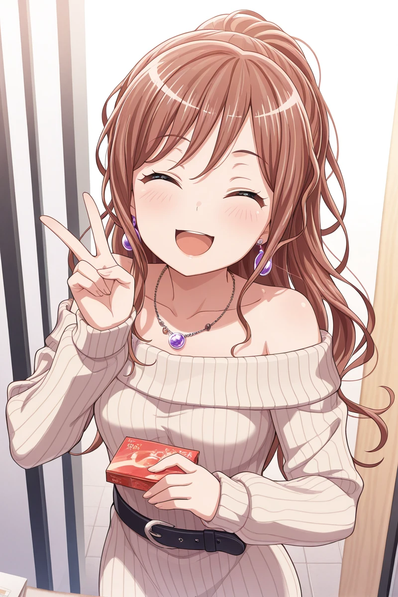 masterpiece, best quality, amazing quality,
<lora:Lisa_IL:1> lisa_imai, 1girl, solo, jewelry, closed eyes, open mouth, long hair, earrings, belt, sweater, off-shoulder sweater, smile, brown hair, sweater dress, off shoulder, holding, necklace, ^ ^, v, bangs, dress, :d, collarbone, ribbed sweater, sweatersk