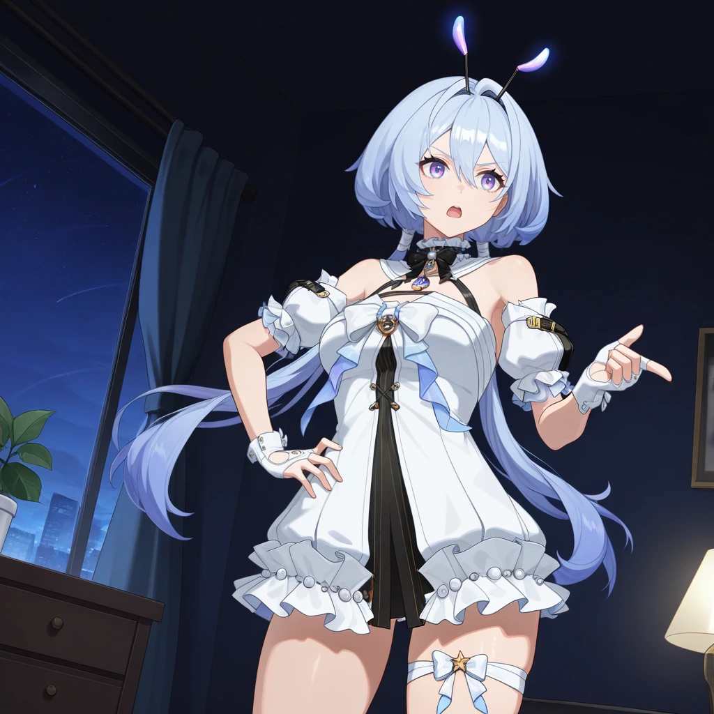 masterpiece, best quality, ultra-detailed, very aesthetic, detailed background, year 2023, very aesthetic, newest, scenery, highres, 4k, absurdres, 8k, colorful,vibrant, glowing, perfect face, 2d, perfect eyes, detailed eyes, 1girl, solo, bedroom, bedroom decor, indoors, window, dimmed light, lamp, potted plant, detailed background, night, night sky, night time, starry sky, standing, pointing at viewer, slight blush, annoyed, open mouth, hand on hip, cowboy shot, angled shot,
light blue hair, long hair, low twintails, purple eyes, YugiriStrv, Ygr_Y2k, fake antennae, hair bow, white bow, mini bowtie, black bowtie, frilled collar, white collar, pendant, frilled dress, front slit, light blue bow, frilled bow, puffy detached sleeves, puffy short sleeves, bare shoulders, sleeve belt, frilled sleeves, white sleeves, glove cutout, white gloves, fingerless gloves, halter dress, short dress, alt white dress, thigh ribbon, white ribbon, cleavage cutout, criss-cross halter, striped, beads, black dress, two-tone dress, stirrup legwear, white footwear, ankle lace-up,
masterpiece, best quality, ultra-detailed, very aesthetic, newest, scenery, absurdres, perfect anatomy, perfect legs, perfect face, perfect eyes, clear eyes, beautiful eyes, perfect feet,