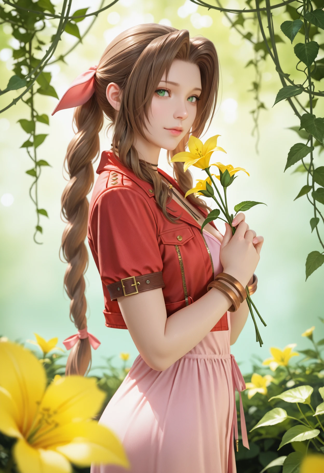 masterpiece, best quality, realistic,
1girl, solo, depth of field,
aerith_gainsborough, final_fantasy, 1girl, brown_hair, green_eyes, holding flowers
garden, flowers, looking at viewer, soft lighting, vines, flowers in background,
foreground, pink dress,