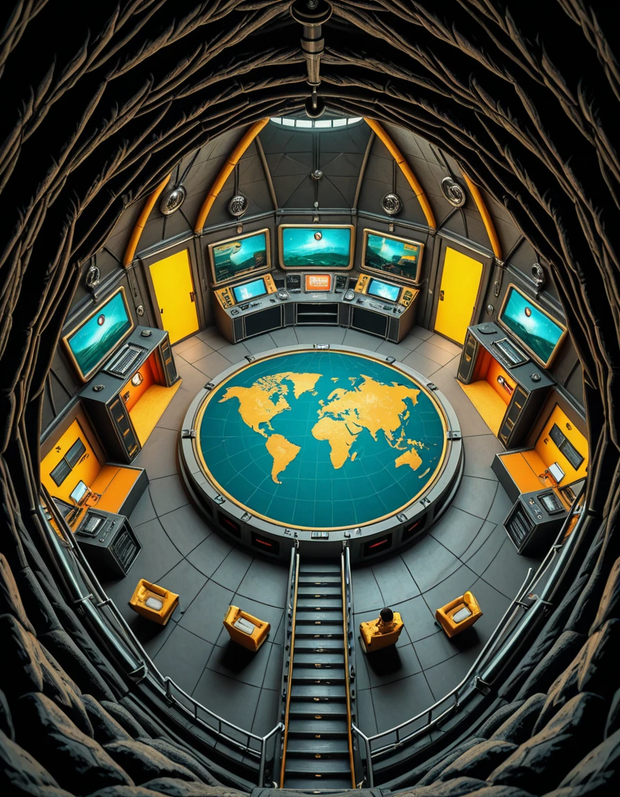 A high-angle view of a supervillain's underground lair carved into a volcanic island, inspired by the Evil Genius video game. The scene shows interconnected rooms with retro-futuristic decor: gold-trimmed control rooms filled with blinking monitors, training rooms with colorful equipment, prison cells with force fields, and luxurious private quarters featuring 1960s spy-movie aesthetics. Minions in yellow jumpsuits patrol the corridors, and a massive world domination map glows at the center of the operations hub. Lava tubes, reinforced blast doors, and hidden elevators are integrated into the design. The mood is colorful, stylized, and slightly humorous, reflecting the exaggerated comic-book villain style.Evil genius l41r, <lora:Evil_genius_l41r-i:1>, Masterpiece,best quality,hi res,8k,hi res,8k,award winning,(sharp focus, intricate, highly detailed),
