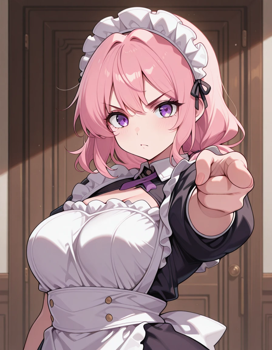 masterpiece, best quality, amazing quality,, <lora:CivChan:1>, CivChan, purple eyes, pink hair, mature female, breasts, maid headdress, , <lora:jotaro-kujo-pose-illustriousxl-lora-nochekaiser:1>, jotaro kujo pose, kujo jotaro's pose (jojo), jojo pose, pointing, pointing at viewer, cowboy shot, , ,