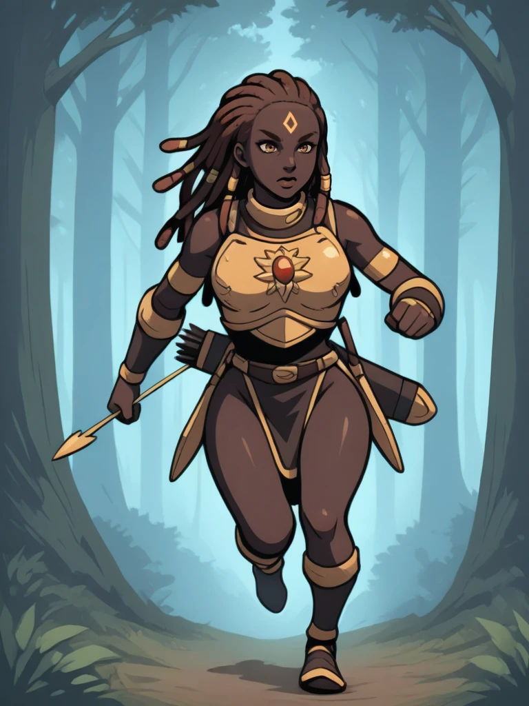 <lora:Harmonious_Jade__Exalted:0.7>
hjade,,very dark skin, long hair, brown hair, dreadlocks,, armor,, forehead mark, anima,
in a forest, bow, quiver, action shot, running, archery