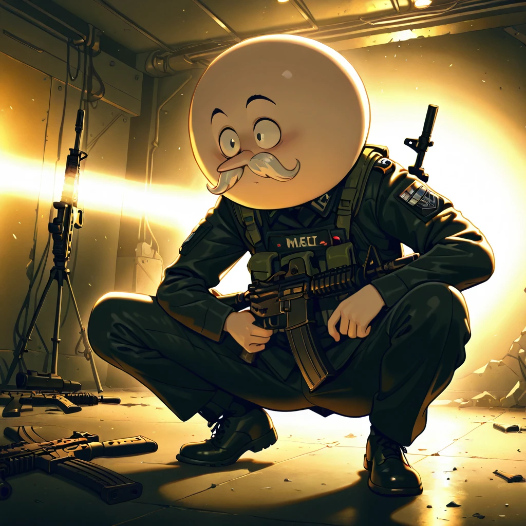 masterpiece, best quality, safe, 1male, human, pops maellard, solo, mustache, bald, masculine, covert ops, black military outfit, m4 carbine, assault rifle, sneaky, crouching, (dynamic lighting, shading:1.2)
<segment:yolo-Face.pt,0.2,0.5//cid=11> smug, smug grin, detailed eyes
<segment:yolo-Hand.pt,0.2,0.5//cid=12> detailed hands, detailed feet, anatomically correct