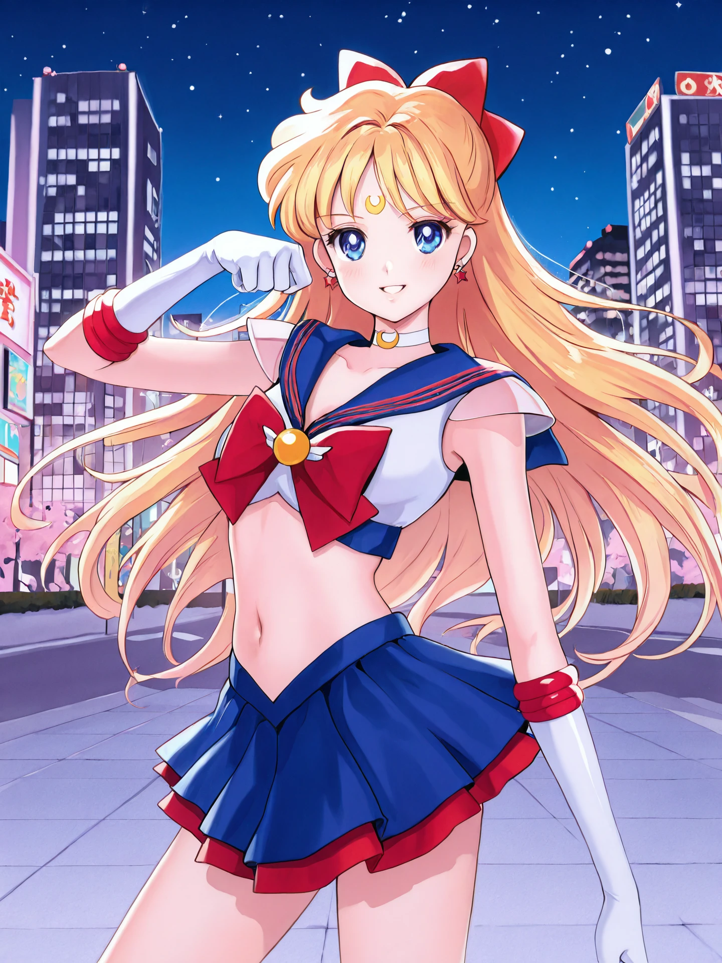 <lora:CC_Aesthetic_Masterpiece_1:1>, <lora:ST_Sailor_Moon_Crystal_0R:0.7>, bsssmstyle
<lora:Sailor_V_0R:0.5>, sailorvum
sailor v, blonde hair, long hair, hair bow, blue eyes, crescent facial mark, forehead mark, earrings, medium breasts, petite, slim, skinny, thin thighs, thin legs, narrow hips, long legs
magical girl, sailor senshi uniform, white choker, crop top, red bow, jewelry, midriff, navel, elbow gloves, blue skirt
masterpiece, best quality, amazing quality, very aesthetic, absurdres, detailed background
1girl, solo, looking at viewer, facing viewer, cowboy shot, dynamic pose, smile, (open mouth:0.6), sailor moon pose
outdoors, japan, tokyo, city, building, night, night sky, star \(sky\)