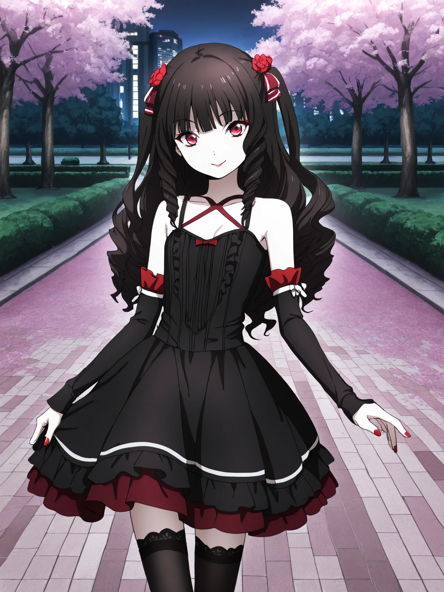 <lora:CC_Aesthetic_Masterpiece_1:1>, <lora:ST_Mahouka_Riromemo_0R:0.3>, riromemo
<lora:Kuroba_Ayako_0R:0.9>, yoru-ojousama
kuroba ayako, red eyes, black hair, long hair, drill hair, bangs, hair ribbon, hair ornament, red hair flower, makeup, nail polish, petite, slim, skinny, thin thighs, thin legs, narrow hips
black dress, frilled dress, detached sleeves, ribbon, red ribbon, black thighhighs
masterpiece, best quality, amazing quality, very aesthetic, absurdres, detailed background
1girl, solo, looking at viewer, facing viewer, cowboy shot, dynamic pose, smile
outdoors, park, city, building, cherry blossoms, tree, bush, flower bed, street, stone floor, night