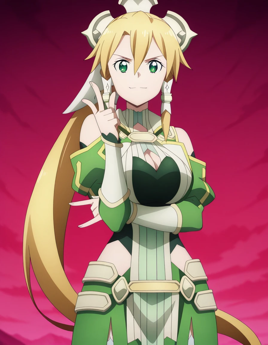 masterpiece, best quality, amazing quality,, <lora:suguha-kirigaya-s3-illustriousxl-lora-nochekaiser:1>, suguha kirigaya, leafa (sao), long hair, blonde hair, hair ornament, green eyes, ponytail, hair tubes, mature female, breasts, anime screencap, <lora:kakyoin-noriakis-pose-illustriousxl-lora-nochekaiser:1>, kakyoin noriakis pose, kakyoin noriaki's pose (jojo), jojo pose, m/, pointing up, hands up, looking at viewer, smile, cowboy shot, , ,