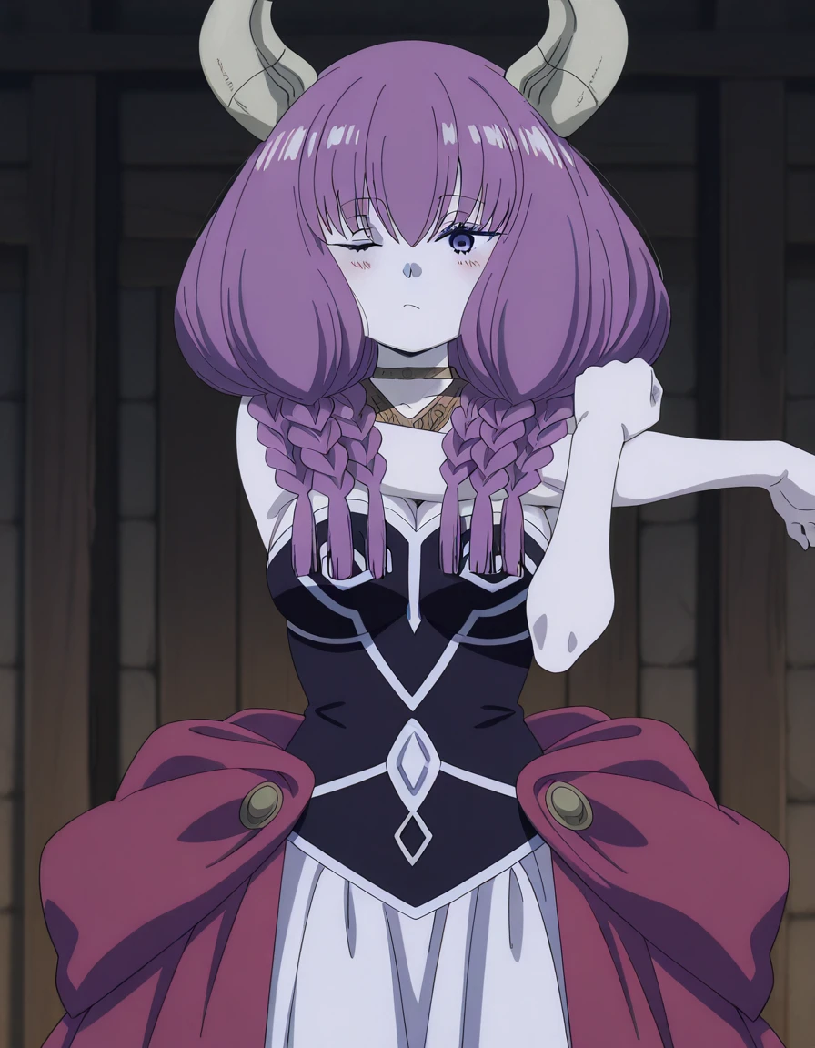 masterpiece, best quality, amazing quality,, <lora:aura-the-guillotine-s1-illustriousxl-lora-nochekaiser:1>, aura the guillotine, aura (sousou no frieren), long hair, purple eyes, purple hair, braid, horns, twin braids, mature female, medium breasts, anime screencap, <lora:cross-body-stretch-illustriousxl-lora-nochekaiser:1>, cross-body stretch, stretching, arm across chest, exercising, cowboy shot, blush, one eye closed, , ,