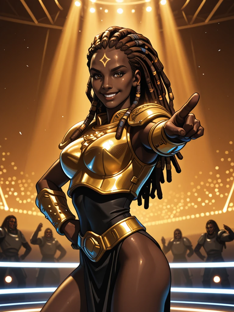 <lora:Harmonious_Jade__Exalted:0.7>
hjade,,very dark skin, long hair, brown hair, dreadlocks,, armor,, forehead mark, anima,
smiling, dance victory
dancing disco, disco, solo, one hand pointing to the sky, one hand on hip,