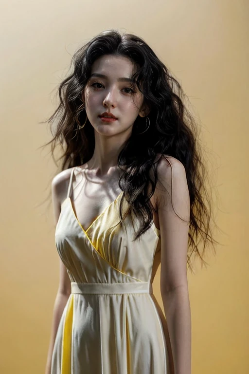 (photo of a beautiful girl:0.666) , <lora:ChineseBeauty:.9>, photoshoot, wavy black hair, light yellow background, white long dress, portrait, volumetric lighting,