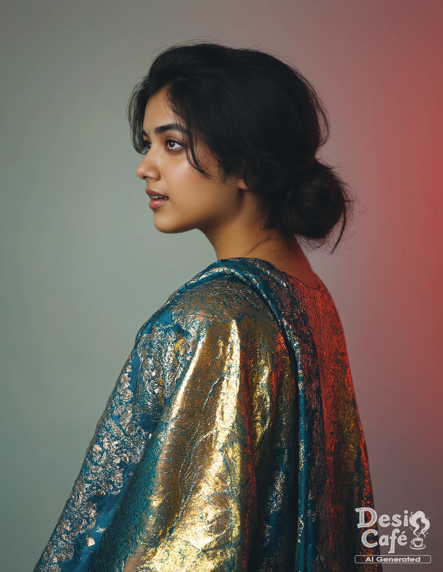 side view photo of bhagyashri borse woman, hyper realistic photo that is safe for work, mouth open in surprise, studio quality image with natural colors, well dressed wearing intricate long sleeved Blue Mekhela Chador (Assamese traditional attire), hair styled as wispy fringe,muted pastel shaded multicolored background that contrasts with the person, cinematic lighting,âââââ ââ <lora:Bhagyashri_Borse_Flux_Kohya_V1:1>âââ