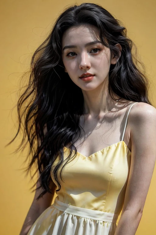 (photo of a beautiful girl:0.666) , <lora:ChineseBeauty:.9>, photoshoot, wavy black hair, light yellow background, white long dress, portrait, volumetric lighting,