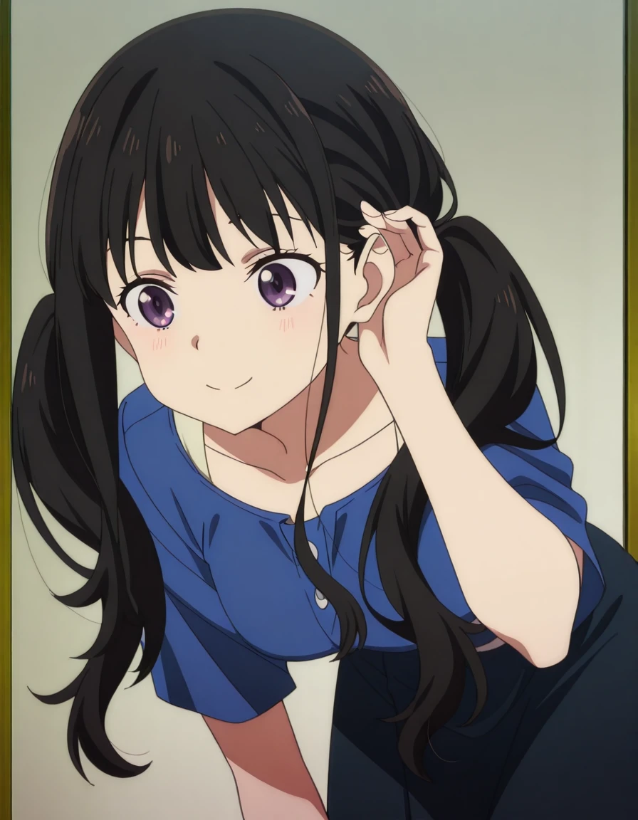 masterpiece, best quality, amazing quality,, <lora:takina-inoue-s1-illustriousxl-lora-nochekaiser:1>, takina inoue, inoue takina, long hair, bangs, black hair, purple eyes, twintails, mature female, small breasts, anime screencap, <lora:tucking-hair-illustriousxl-lora-nochekaiser:1>, tucking hair, adjusting hair, hand on own hair, hair behind ear, smile, bent over, leaning forward, blush,, , ,