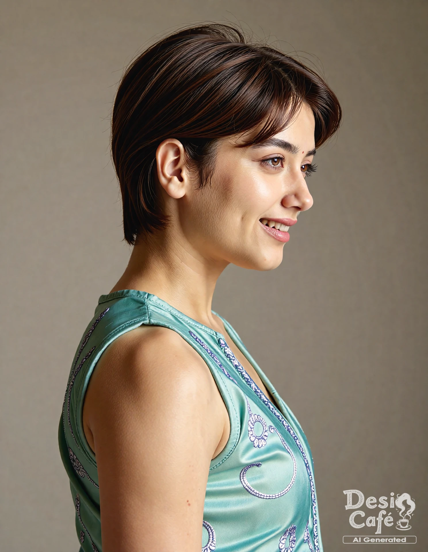 side view photo of bhagyashri borse woman, hyper realistic photo that is safe for work, shouting, studio quality image with natural colors, well dressed wearing intricate sleeveless Cyan Phulkari Suit, hair styled as messy pixie,muted pastel shaded multicolored background that contrasts with the person, cinematic lighting,âââââ ââ <lora:Bhagyashri_Borse_Flux_Kohya_V1:1>âââ