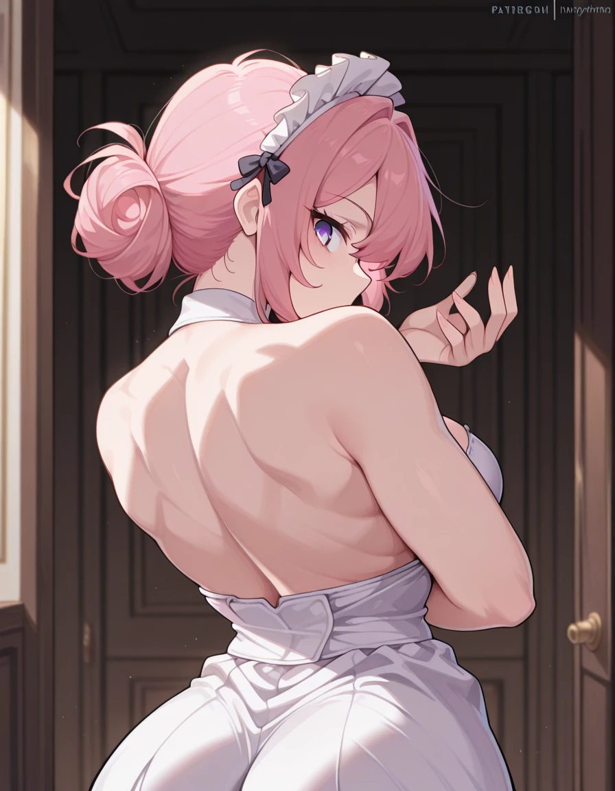 masterpiece, best quality, amazing quality,, <lora:CivChan:1>, CivChan, purple eyes, pink hair, mature female, breasts, maid headdress, , <lora:dio-brandos-pose-illustriousxl-lora-nochekaiser:1>, dio brandos pose, dio brando's pose (jojo), back, ass, from behind, jojo pose, standing, upper body, , ,