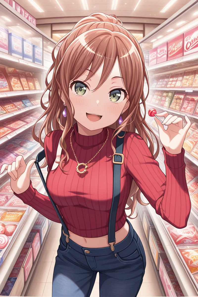masterpiece, best quality, amazing quality,
<lora:Lisa_IL:1> lisa_imai, 1girl, jewelry, solo, earrings, long hair, suspenders, pants, brown hair, sweater, denim, candy, open mouth, green eyes, necklace, food, looking at viewer, smile, navel, jeans, shop, red sweater, long sleeves, bangs, midriff, ribbed sweater