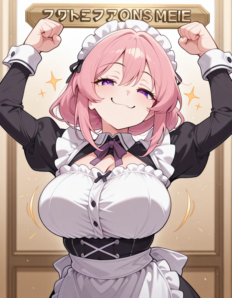 masterpiece, best quality, amazing quality,, <lora:CivChan:1>, CivChan, purple eyes, pink hair, mature female, breasts, maid headdress, , <lora:colombia-pose-illustriousxl-lora-nochekaiser:1>, colombia pose, colombia pose (meme), meme, raised fists, victory pose, arms up, smile, smug,, , ,
