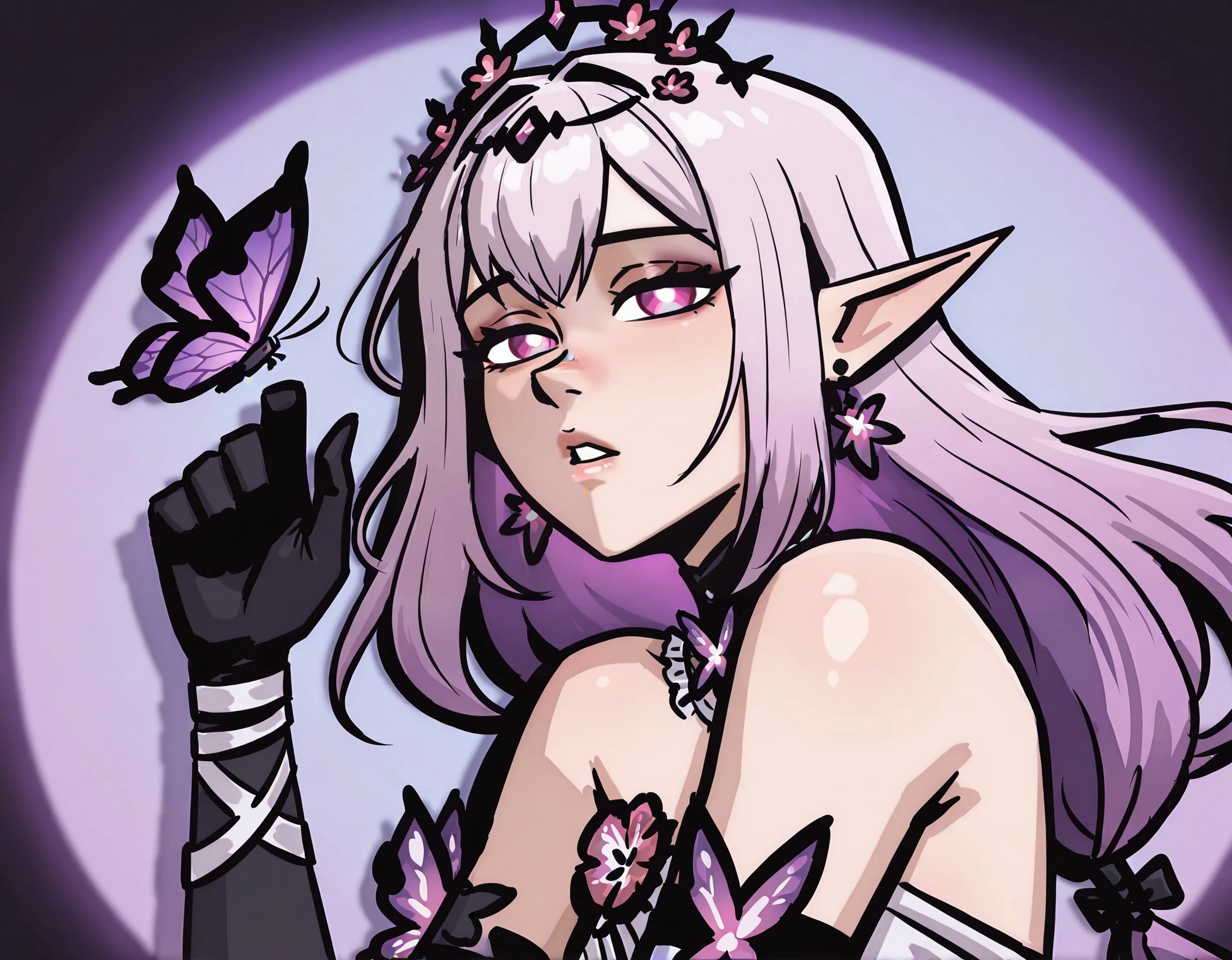 masterpiece, best quality, very aesthetic, absurdres, [detailed face], [detailed eyes], Cas1or9ce, 1girl, solo, long hair, looking at viewer, bangs, hair ornament, gloves, dress,  shoulders, jewelry, purple eyes, upper body, purple hair, earrings, lying, parted lips, pointy ears, black gloves, pink eyes, bug, butterfly, P8nk_sty, <lora:1941ab7c-ce12-4e93-ab29-b2c2f8dbb61b:0.9>, <lora:f5c24881-7423-45d3-a32d-3ac3fb1f106c:0.7>