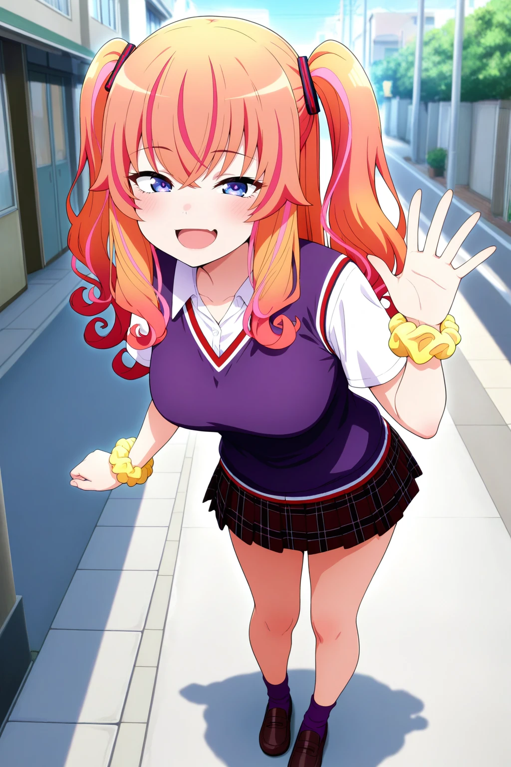 masterpiece, best quality, amazing quality, very aesthetic, absurdres, ultra detailed,
<lora:il_contrast_slider_d1 (ЦÐÐТ ÐÐРТÐÐÐÐ):-0.8>
<lora:Makina Agatsuma:0.8> makina_agatsuma, 1girl,
looking forward, solo, schoolgirl,standing, casual, neighborhood, daytime, street, residential area, sidewalk, relaxed, waving, smile, open mouth,
school uniform, white collared shirt, purple sweater vest, short sleeves, yellow wrist scrunchie, plaid skirt, pleated skirt, purple socks, brown loafers,