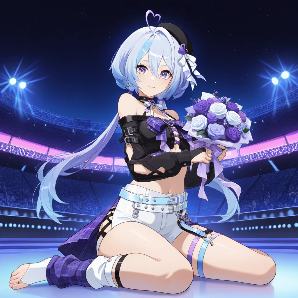 masterpiece, best quality, ultra-detailed, very aesthetic, detailed background, year 2023, very aesthetic, newest, scenery, highres, 4k, absurdres, 8k, colorful,vibrant, glowing, perfect face, 2d, perfect eyes, detailed eyes, 1girl, solo, idol stage, concert hall, neon lights, spotlights, outdoors, stage, musical notes, stadium, detailed background, night, night sky, night time, starry sky, feet, wariza, holding bouquet, sitting on stage, happy smile, toeless footwear, looking at viewer,
light blue hair, long hair, low twintails, purple eyes, YugiriStrv, Ygr_Fhr, crop top, black shirt, halterneck, off-shoulder shirt, cross-laced shirt, chest bow, bow ribbon, big bow, black sleeves, sleeve slit, plaid bow, purple bow, long ribbon, purple ribbon, bare shoulders, black gloves, bridal gauntlets, arm cutout, sleeved gloves, clothing cutout, buckle, multiple belts, studded belt, white belt, light blue belt, chain belt, white shorts, cross-laced shorts, cross-laced clothes, half-skirt, plaid skirt, purple skirt, purple thigh strap, arm belt, white ribbon, neck ribbon, black choker, heart ahoge, streaked hair, blue streaks, purple streaks, braid, minihat, black headwear, beret, hair ribbon, plaid ribbon, gradient hair, midriff, navel, mismatched socks, purple socks, white socks, bridal legwear, baggy socks, plaid socks,
masterpiece, best quality, ultra-detailed, very aesthetic, newest, scenery, absurdres, perfect anatomy, perfect legs, perfect face, perfect eyes, clear eyes, beautiful eyes, perfect feet,