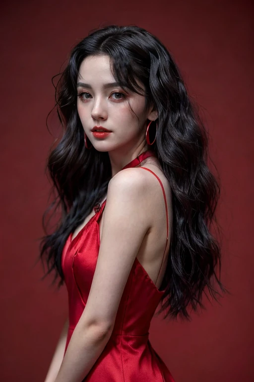 photo of a beautiful girl , <lora:ChineseBeauty:.85>, photoshoot, wavy black hair, red background, red long dress, portrait, volumetric lighting,